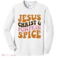 Jesus Christ And Pumpkin Spice Retro Groovy Christianity Kids Long Sleeve Shirt thumb 0