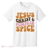 Jesus Christ And Pumpkin Spice Retro Groovy Christianity Kids T-Shirt thumb 0