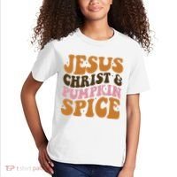 Jesus Christ And Pumpkin Spice Retro Groovy Christianity Kids T-Shirt thumb 2