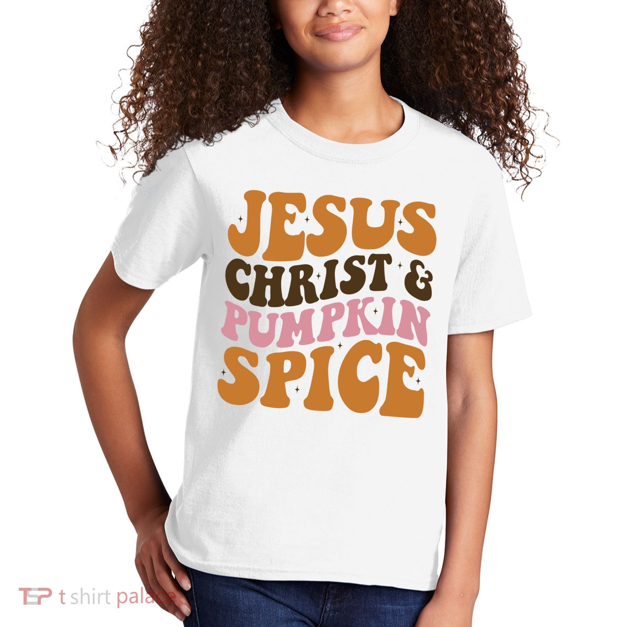 Jesus Christ And Pumpkin Spice Retro Groovy Christianity Kids T-Shirt