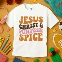 Jesus Christ And Pumpkin Spice Retro Groovy Christianity Kids T-Shirt thumb 3