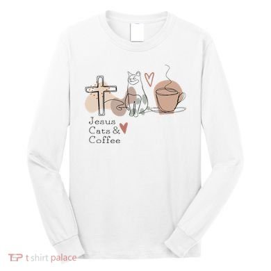 Jesus Cats And Coffee Minimalist Design Long Sleeve Shirt