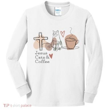 Jesus Cats And Coffee Minimalist Design Kids Long Sleeve Shirt