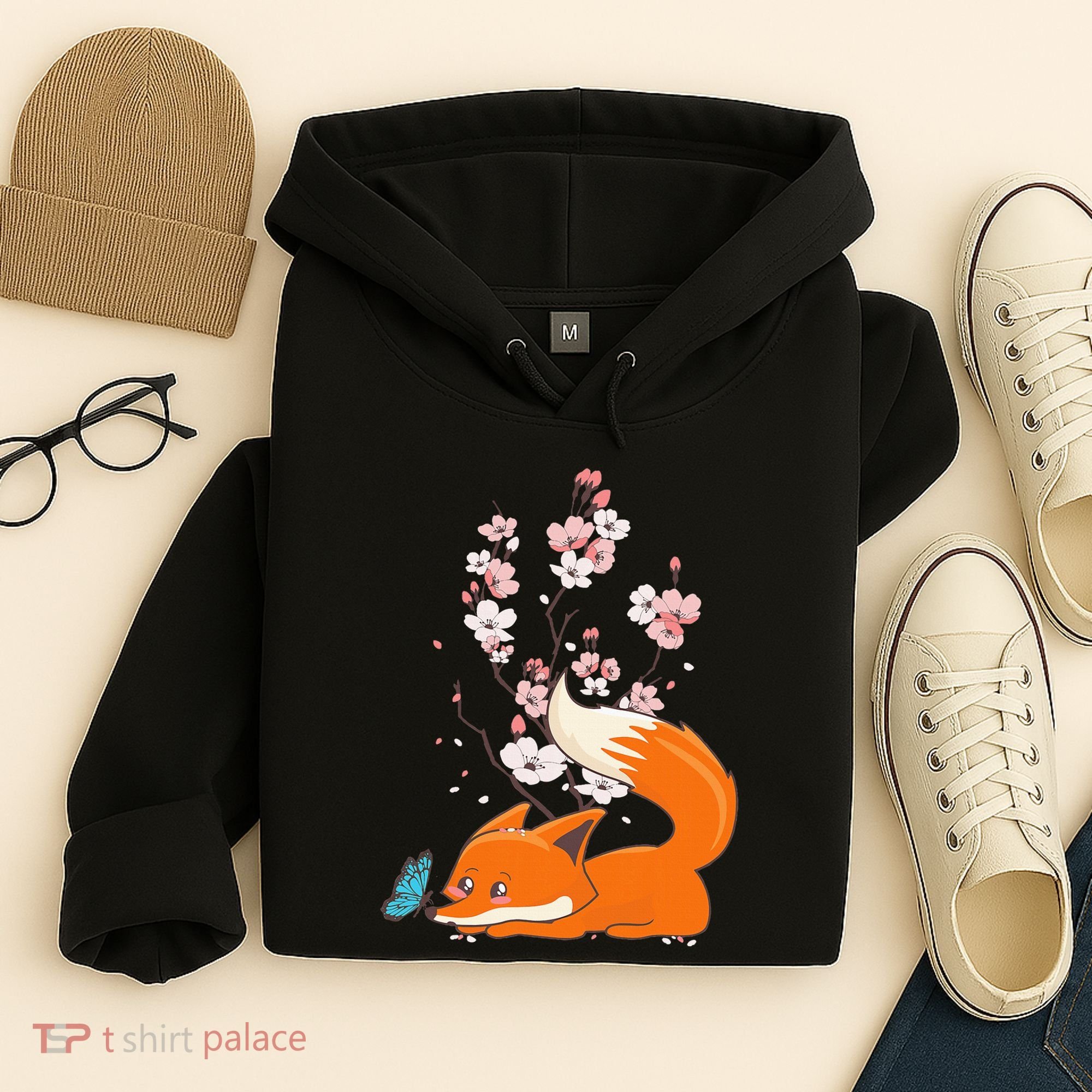 Japanese Cherry Blossom Flower Sakura Kawaii Fox Hoodie