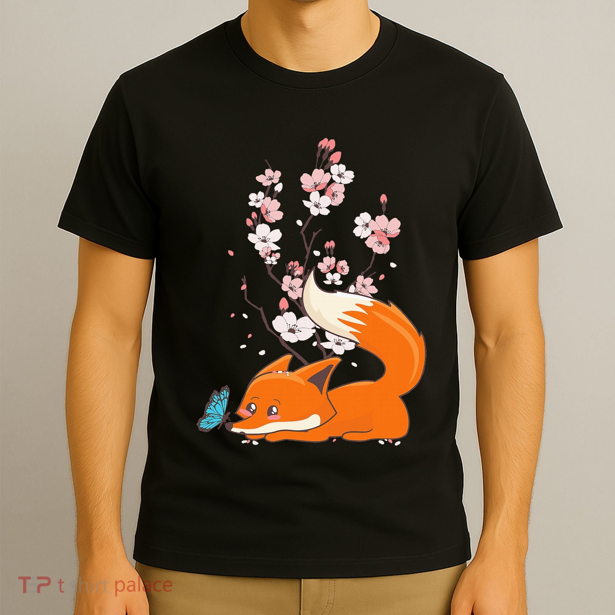 Japanese Cherry Blossom Flower Sakura Kawaii Fox T-Shirt