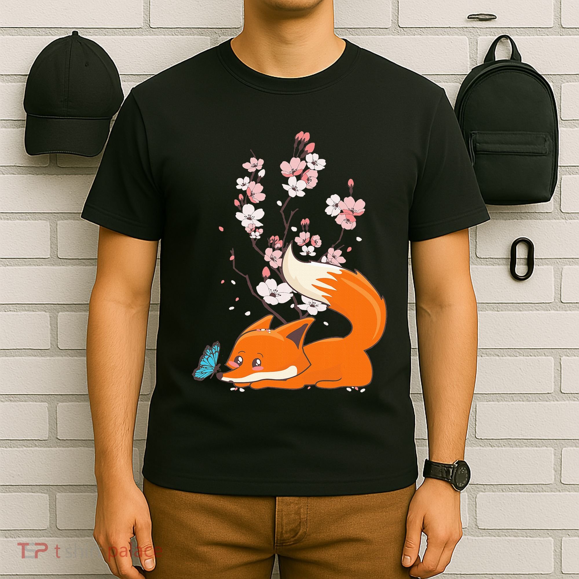 Japanese Cherry Blossom Flower Sakura Kawaii Fox T-Shirt