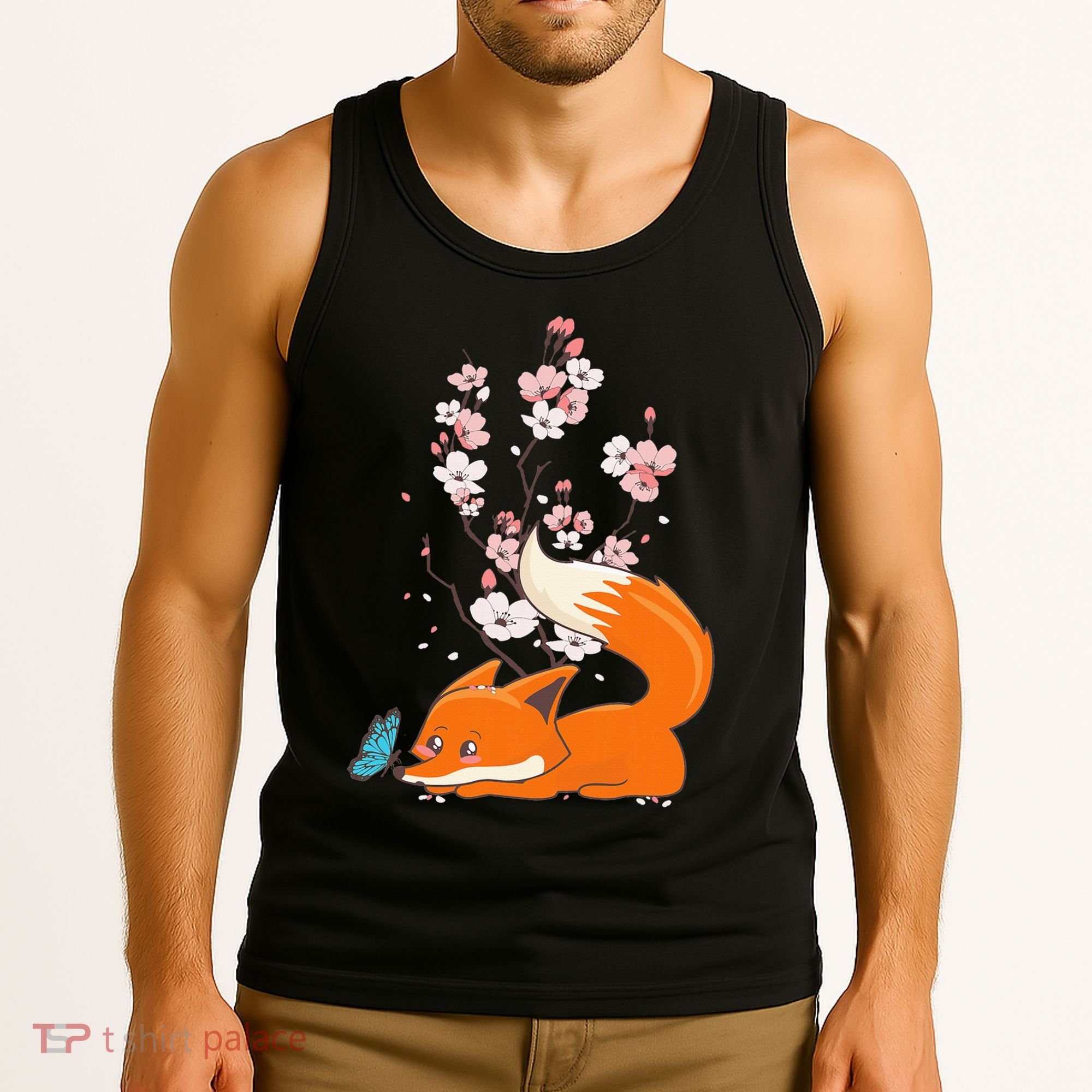 Japanese Cherry Blossom Flower Sakura Kawaii Fox Tank Top