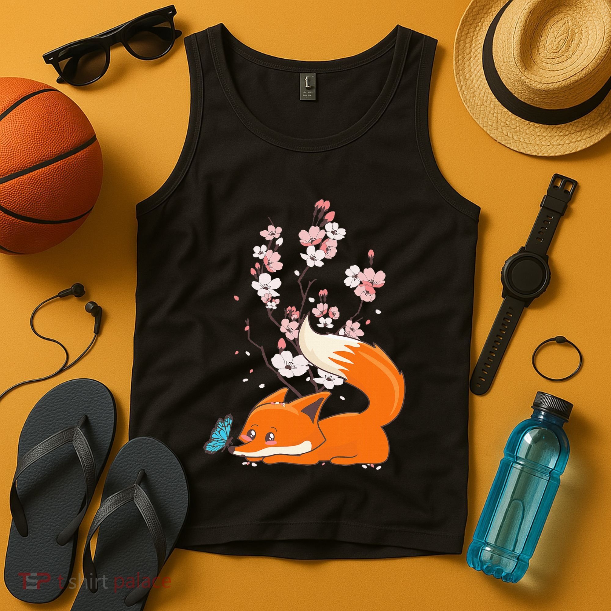 Japanese Cherry Blossom Flower Sakura Kawaii Fox Tank Top