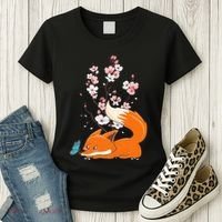 Japanese Cherry Blossom Flower Sakura Kawaii Fox Women's T-Shirt thumb 3