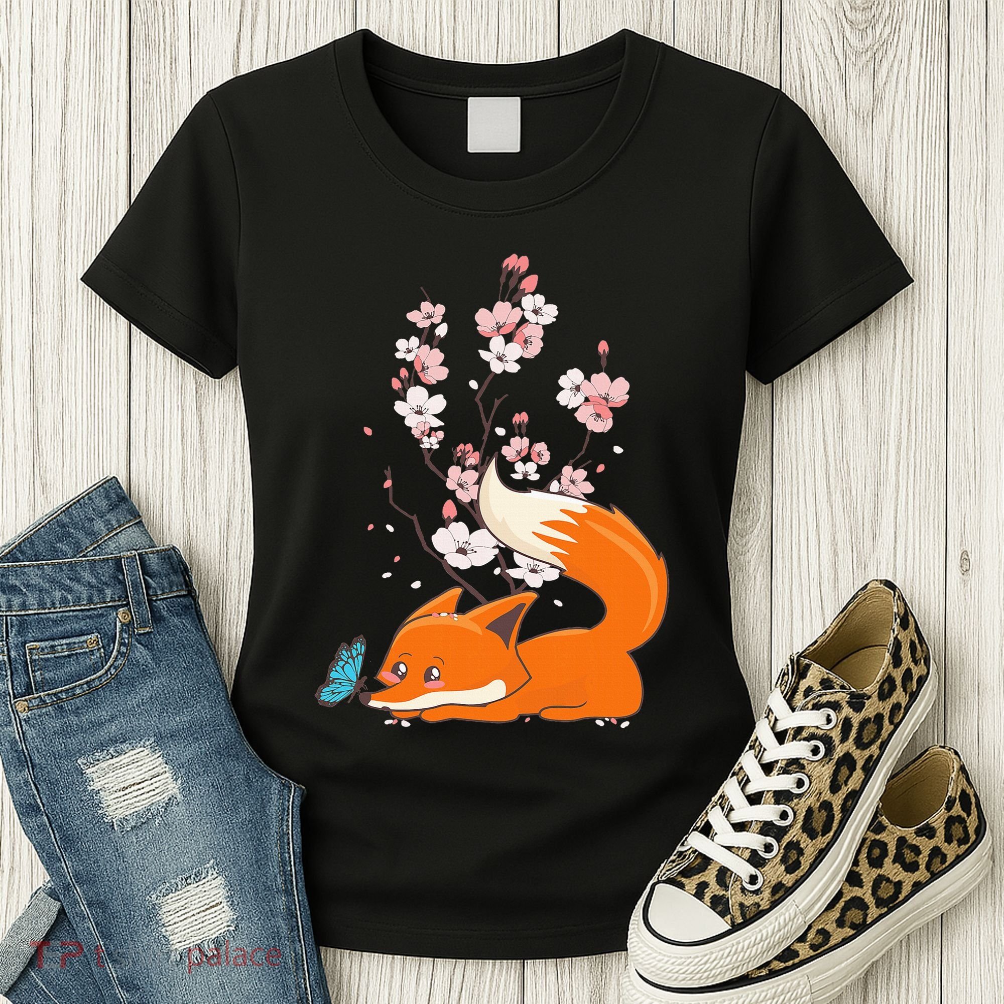 Japanese Cherry Blossom Flower Sakura Kawaii Fox Women's T-Shirt