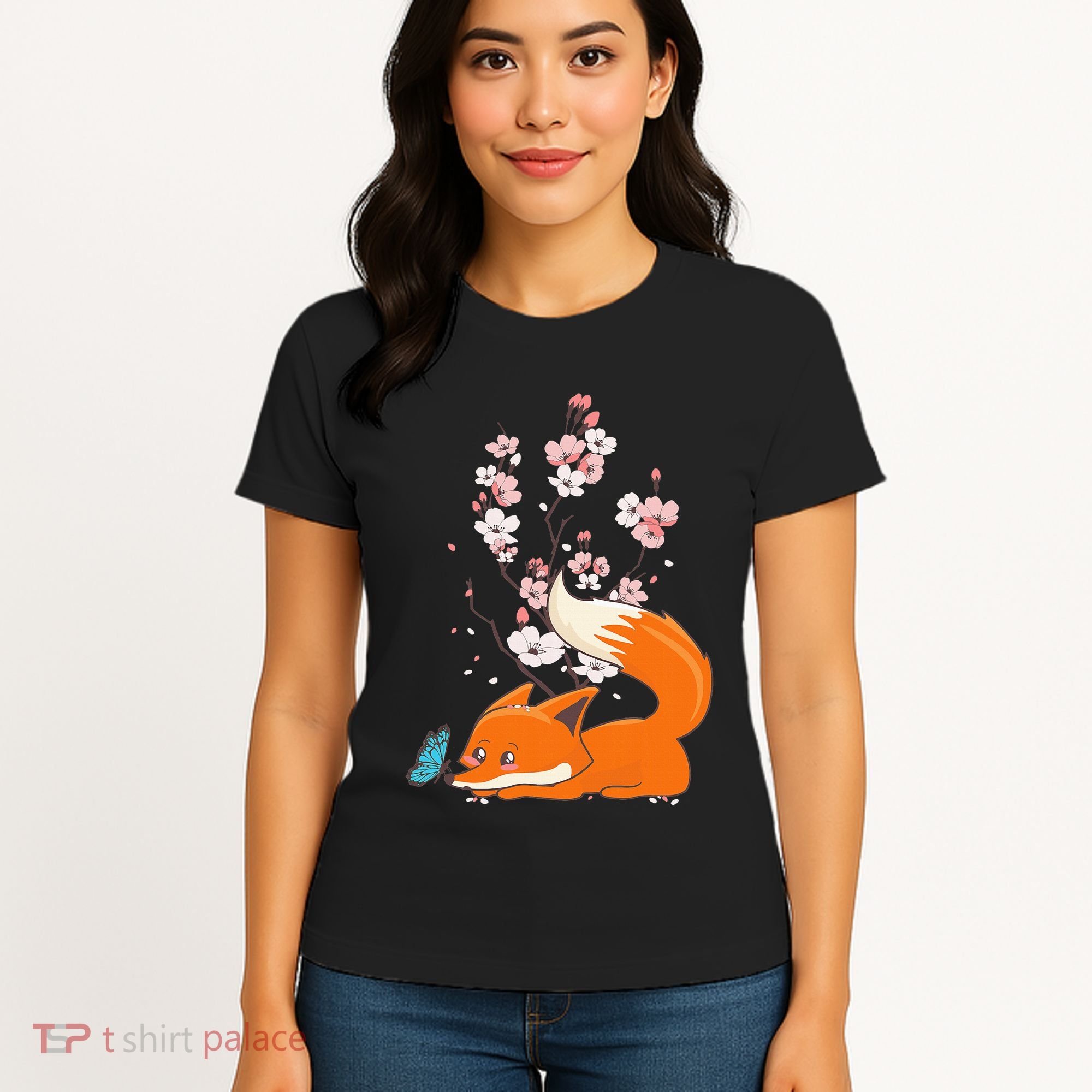 Japanese Cherry Blossom Flower Sakura Kawaii Fox Women's T-Shirt