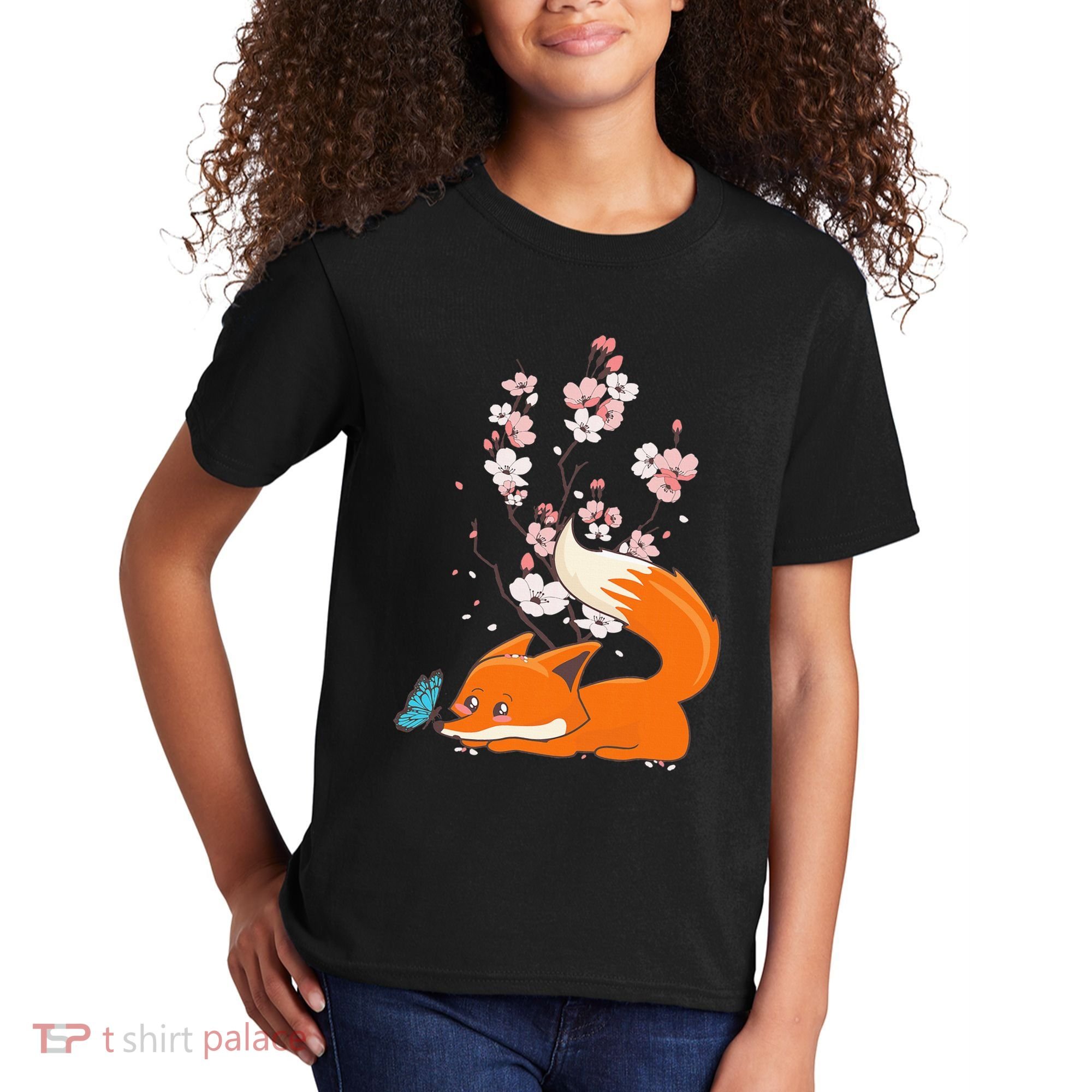 Japanese Cherry Blossom Flower Sakura Kawaii Fox Kids T-Shirt