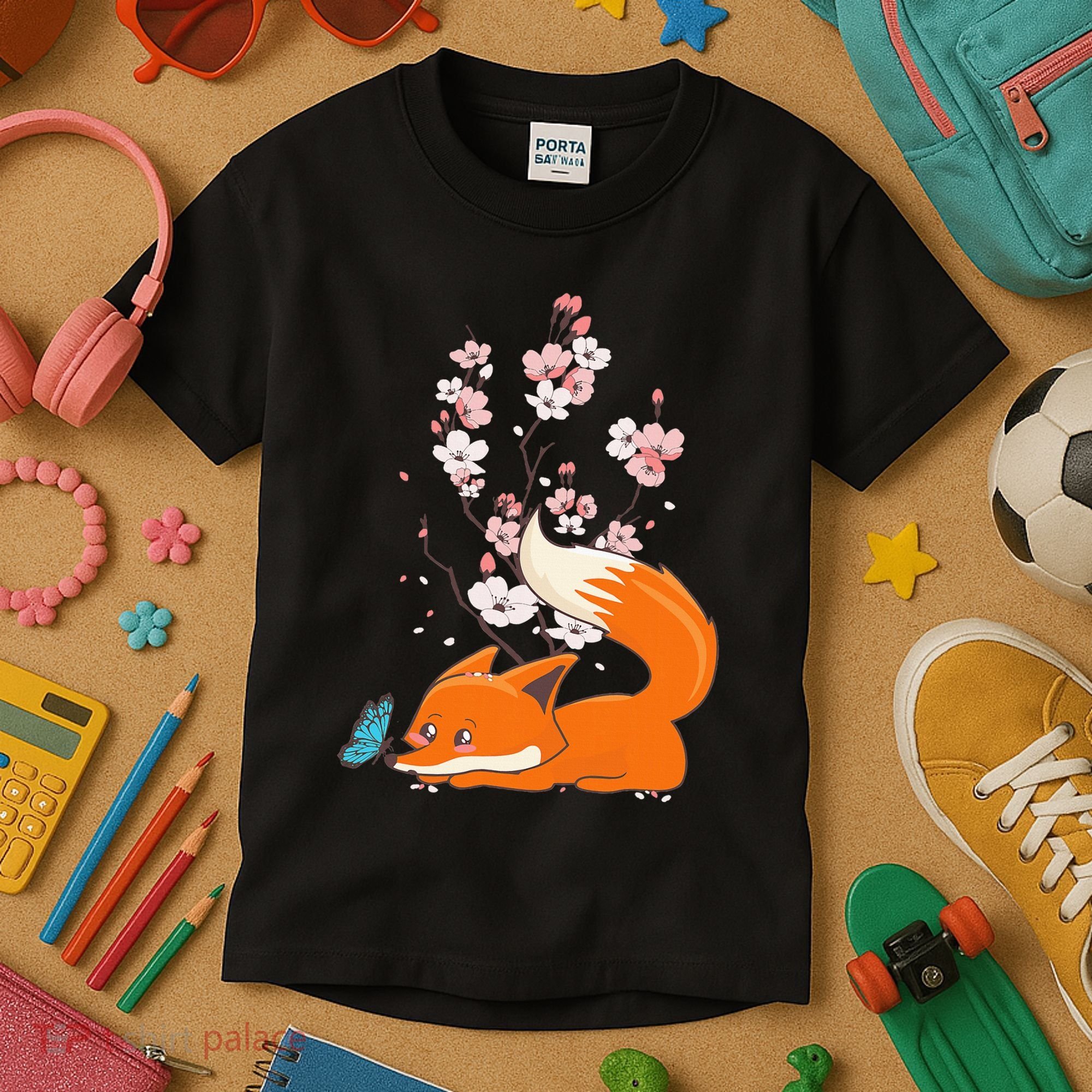 Japanese Cherry Blossom Flower Sakura Kawaii Fox Kids T-Shirt