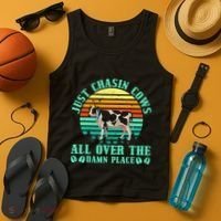 Just Chasin Cows All Over The Damn Place Cow Farmer Tank Top thumb 4