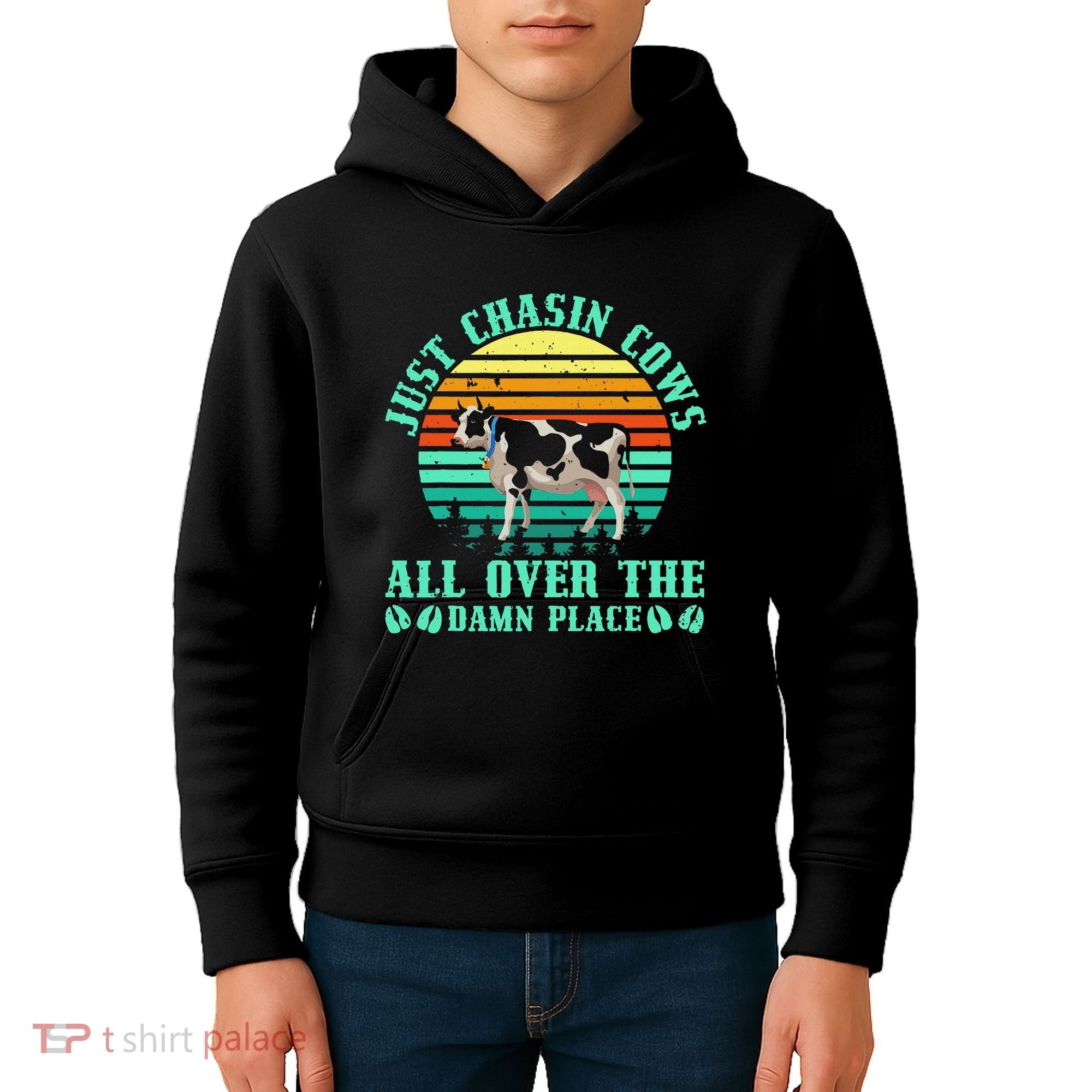 Just Chasin Cows All Over The Damn Place Cow Farmer Kids Hoodie
