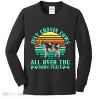 Just Chasin Cows All Over The Damn Place Cow Farmer Kids Long Sleeve Shirt thumb 0
