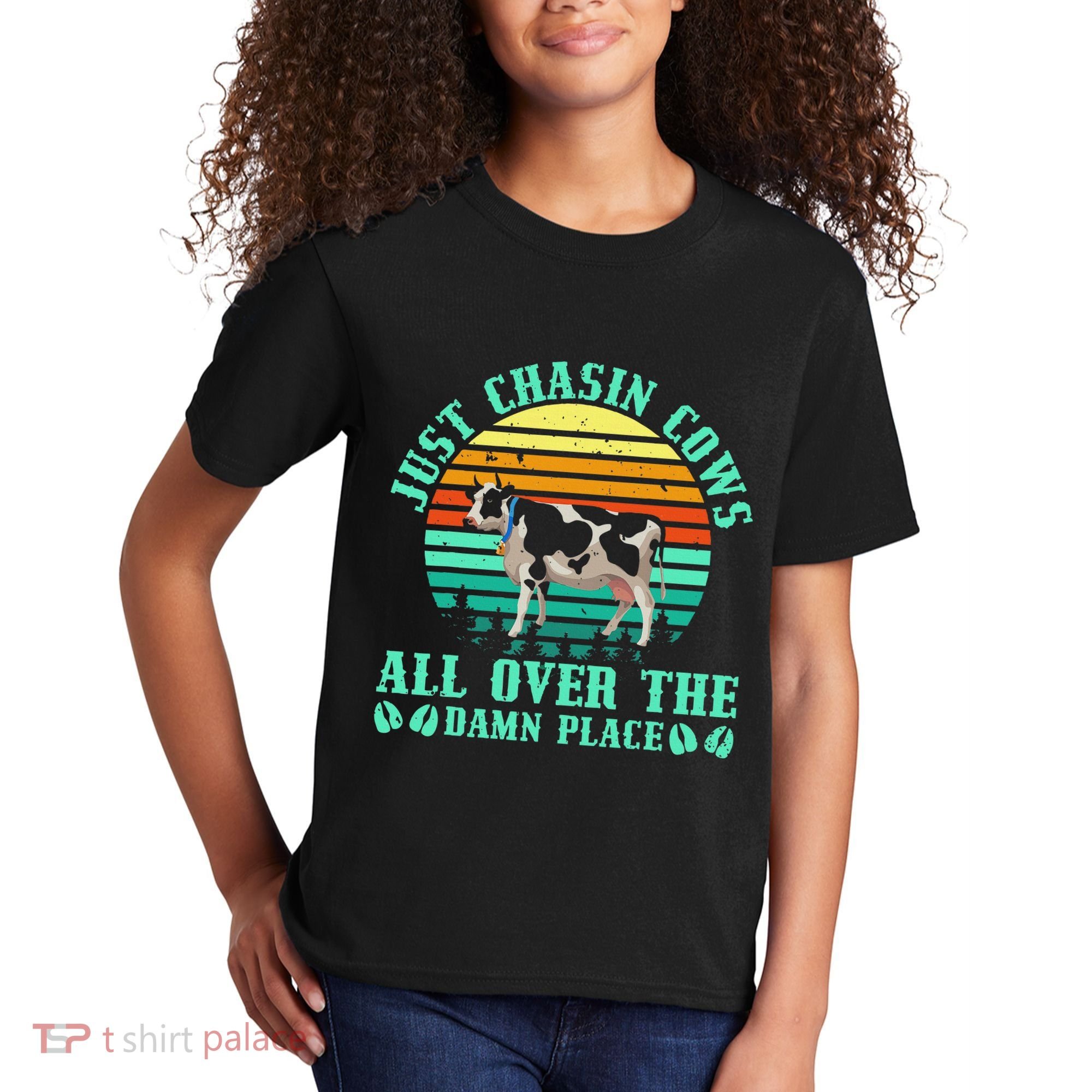 Just Chasin Cows All Over The Damn Place Cow Farmer Kids T-Shirt