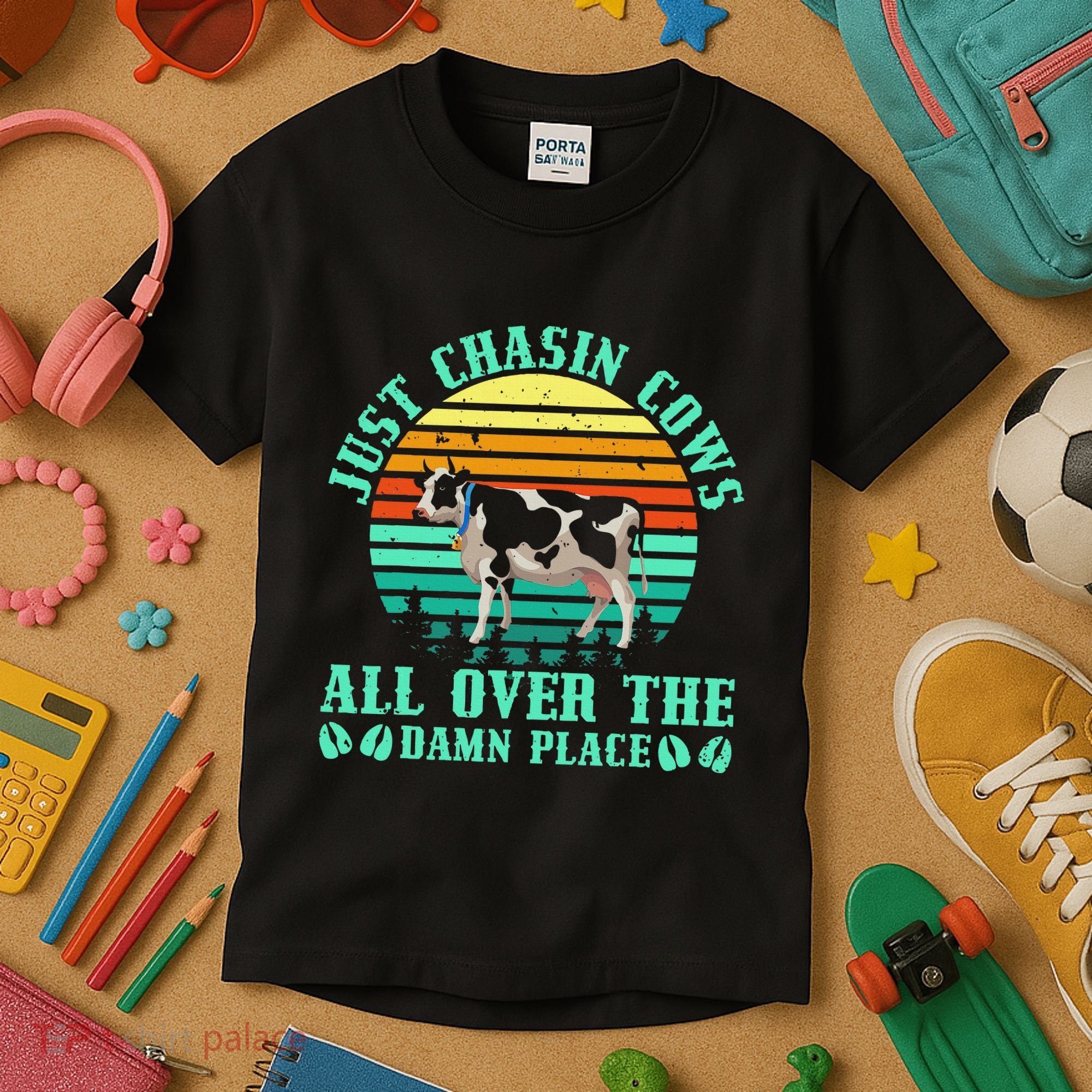 Just Chasin Cows All Over The Damn Place Cow Farmer Kids T-Shirt