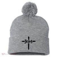 Jesus Cross Christianity Pom Pom 12in Knit Beanie thumb 0