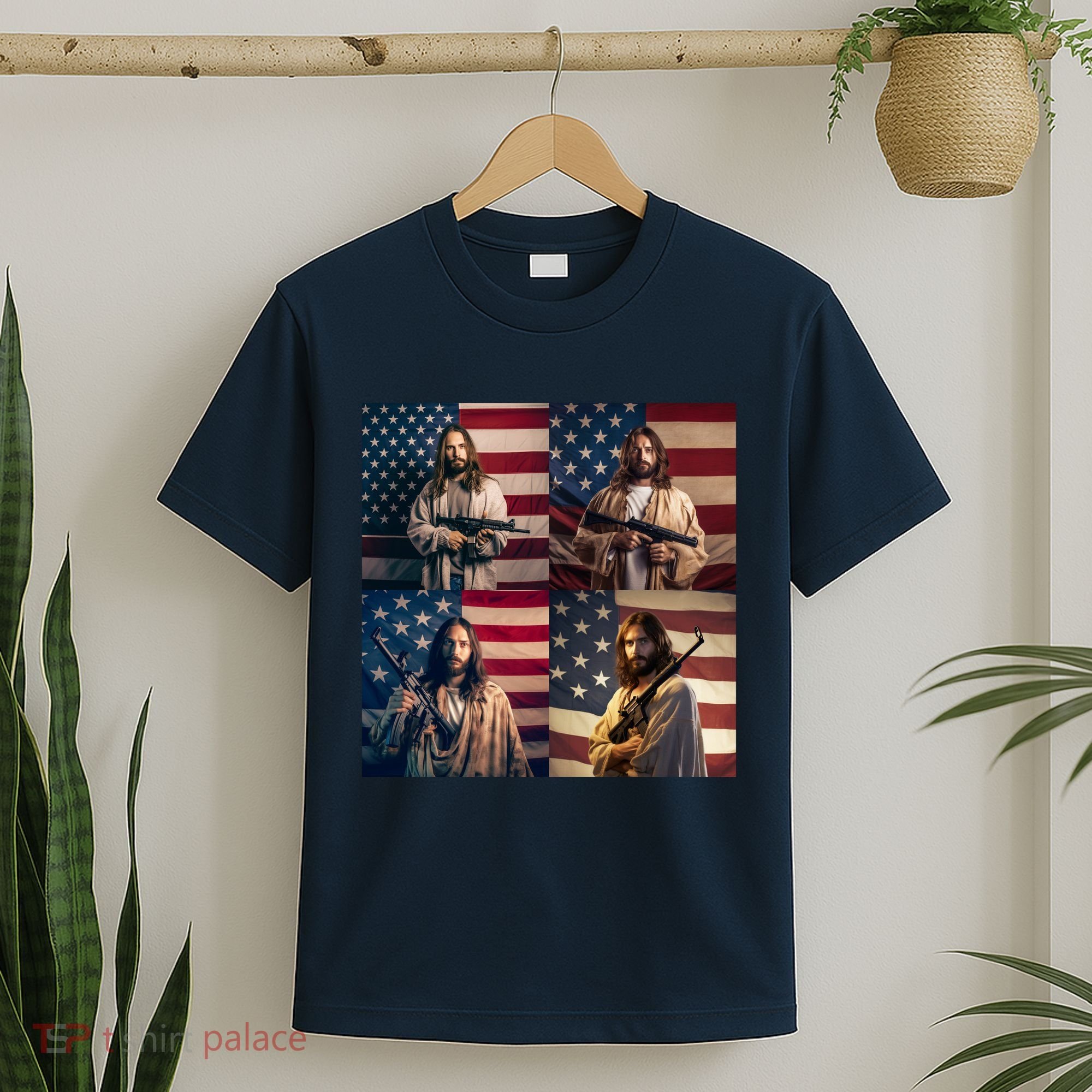 Jesus Christ Carrying Gun Defending America T-Shirt