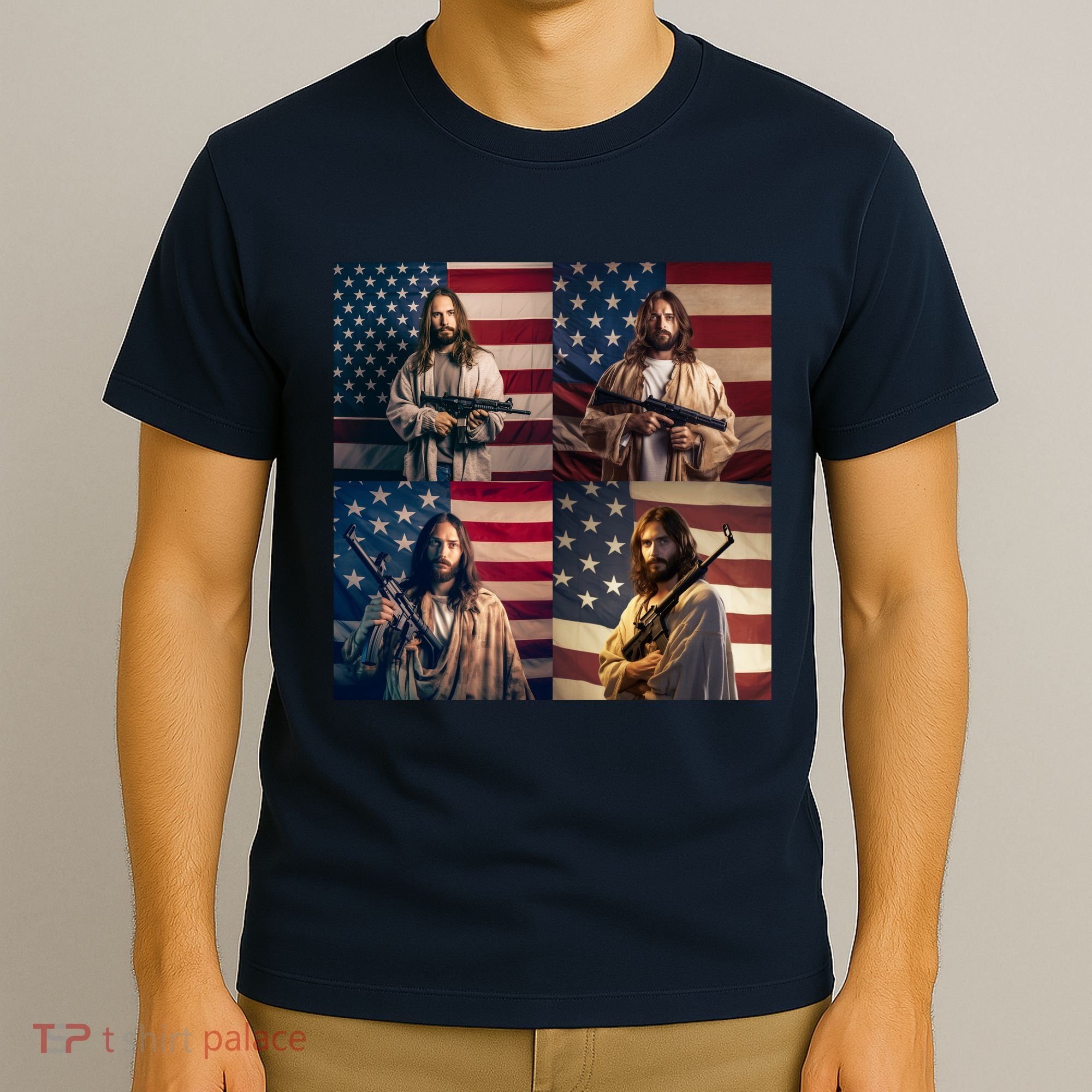 Jesus Christ Carrying Gun Defending America T-Shirt
