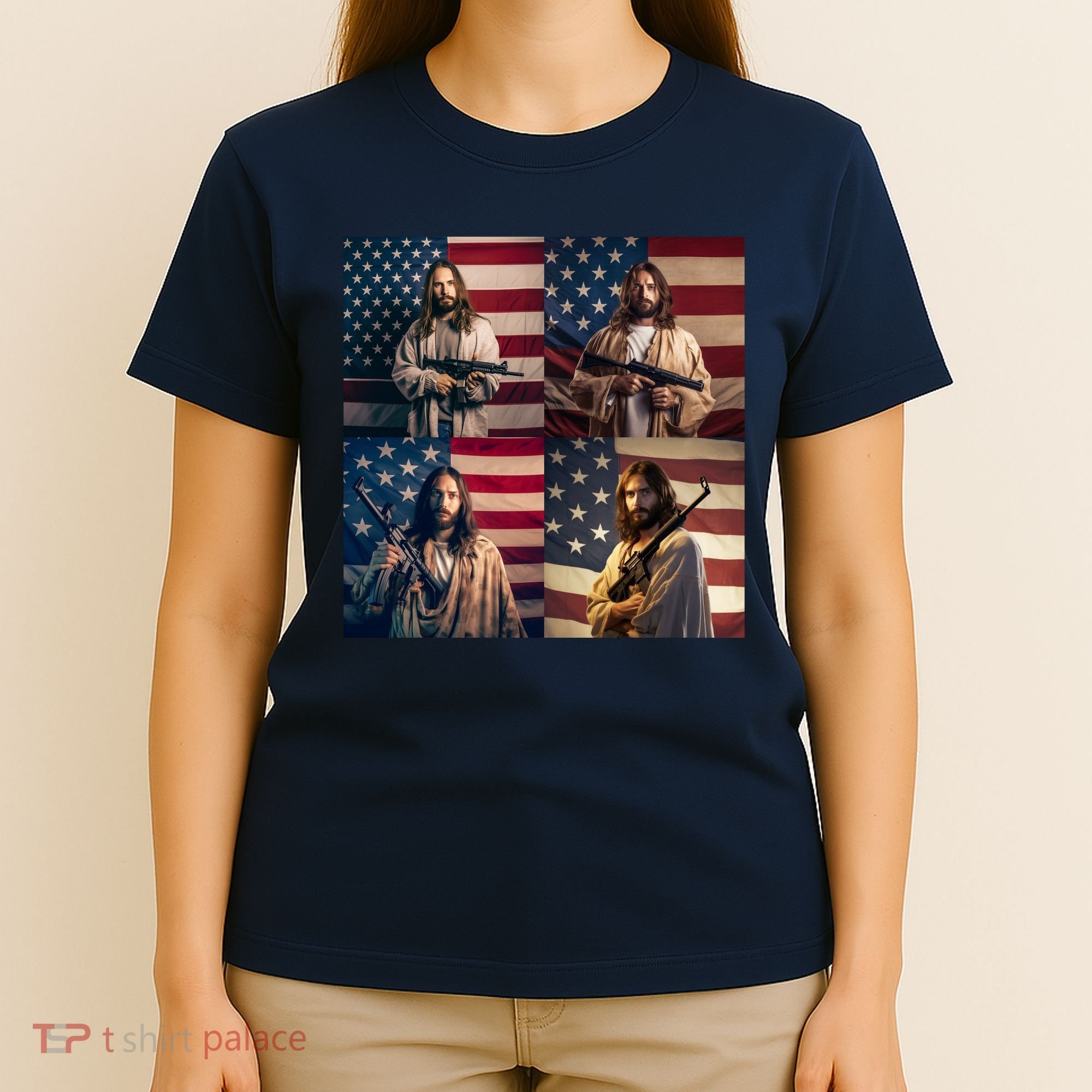 Jesus Christ Carrying Gun Defending America T-Shirt