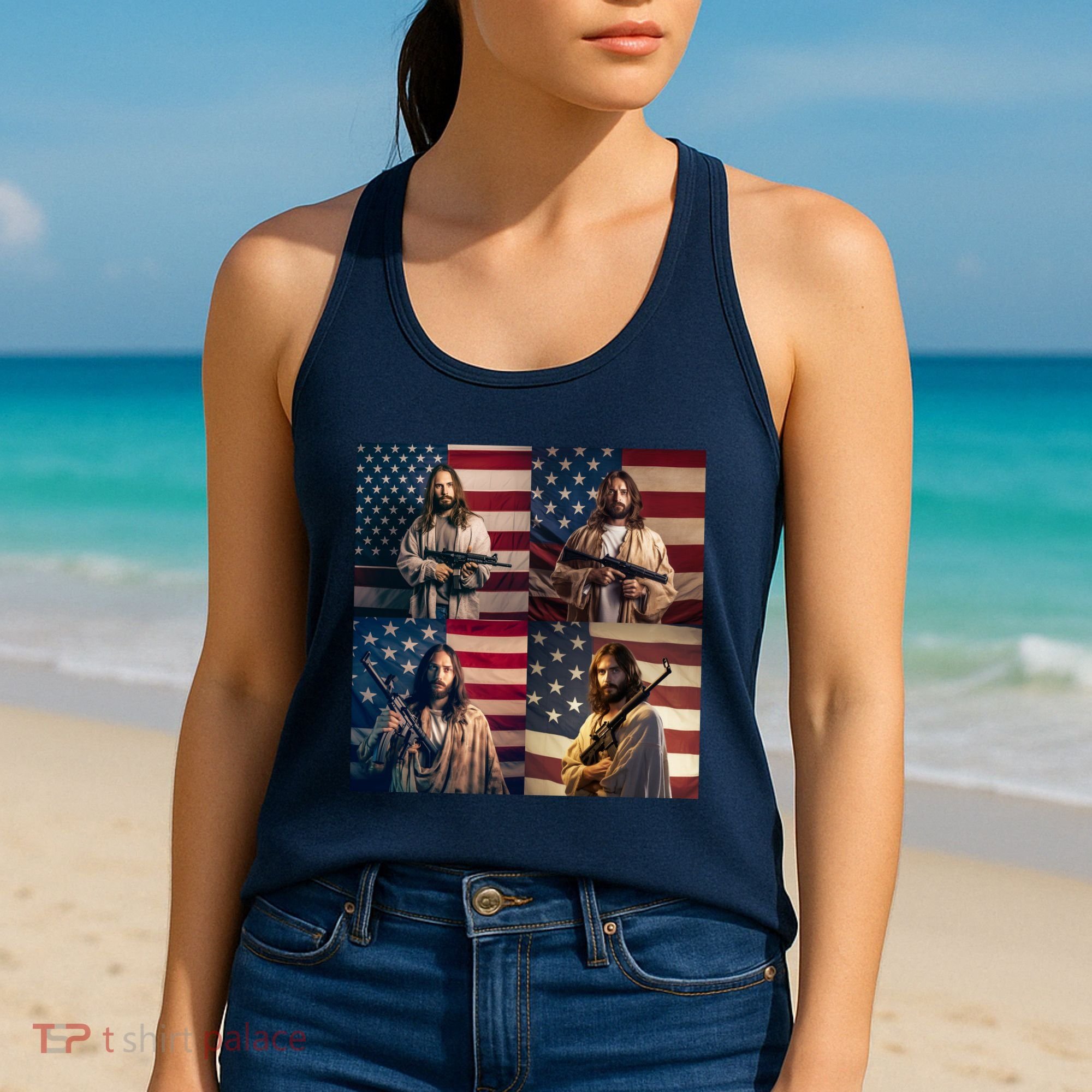 Jesus Christ Carrying Gun Defending America Women's Tank Top