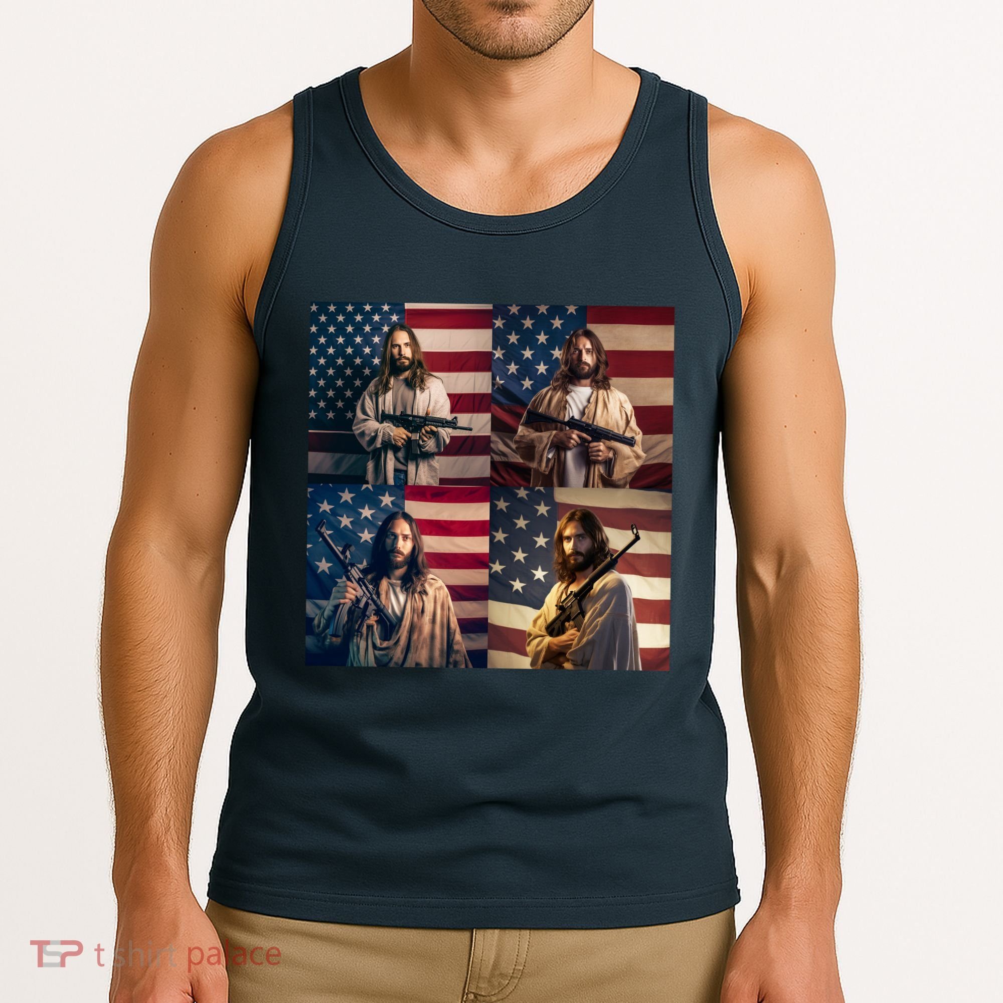 Jesus Christ Carrying Gun Defending America Tank Top