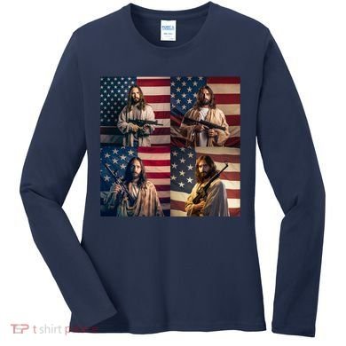 Jesus Christ Carrying Gun Defending America Women's Long Sleeve Shirt