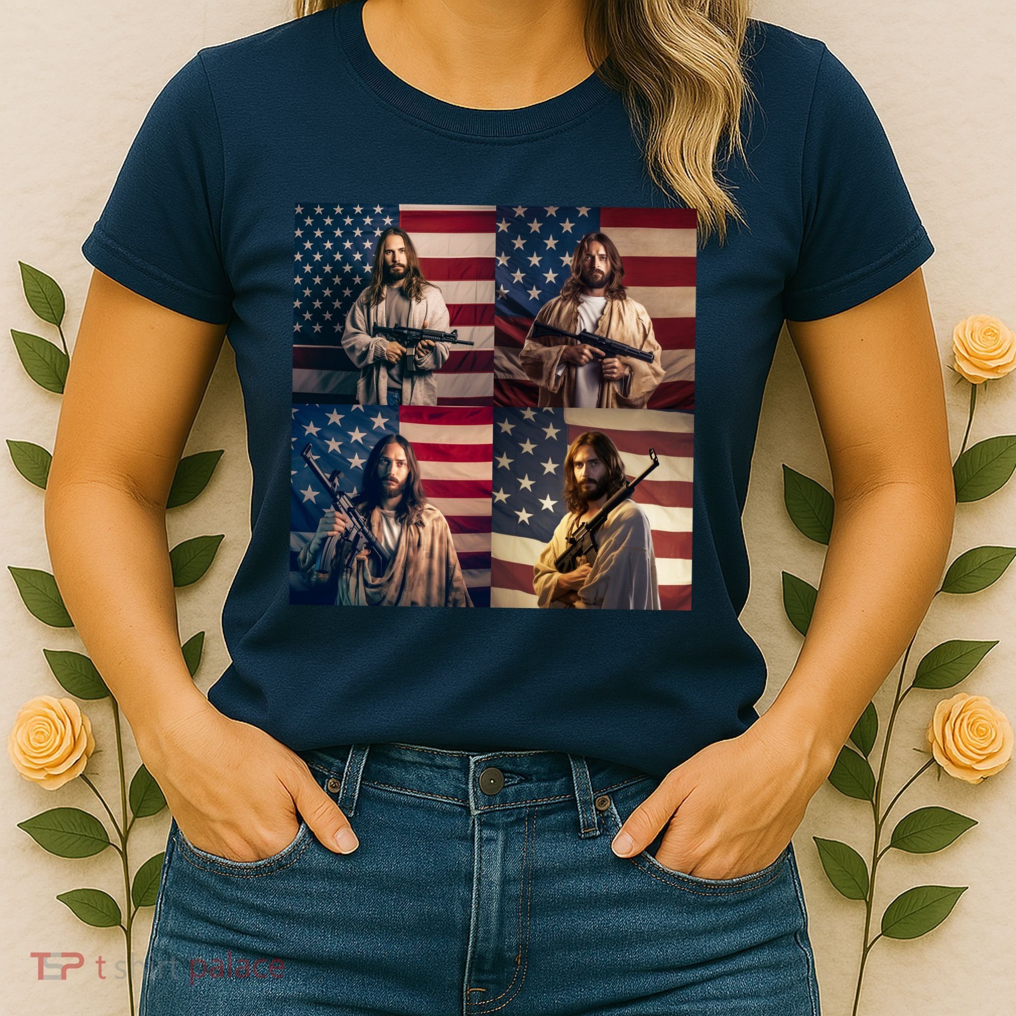 Jesus Christ Carrying Gun Defending America Women's T-Shirt