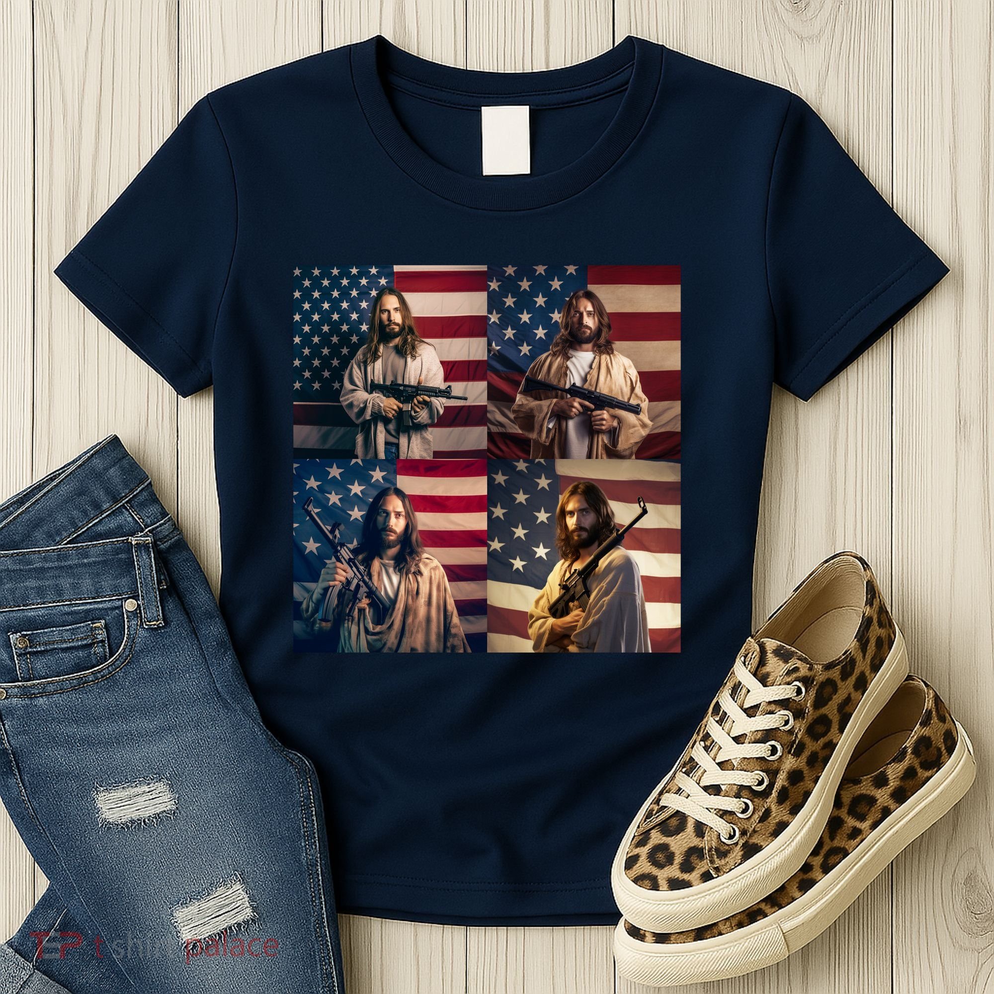 Jesus Christ Carrying Gun Defending America Women's T-Shirt