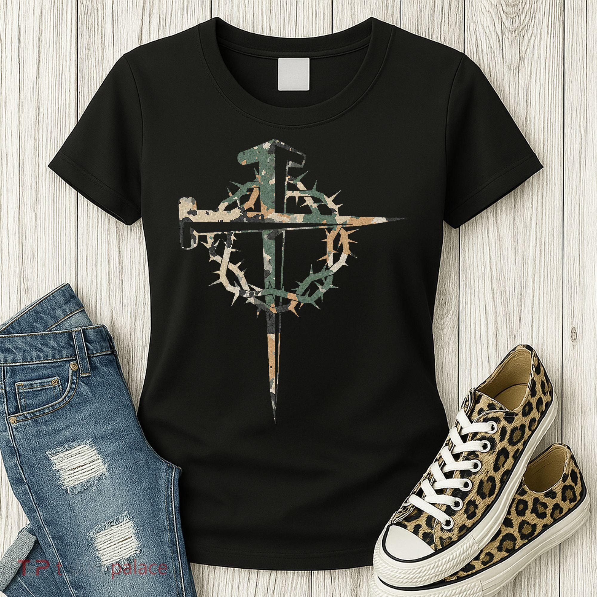 Jesus Christian Cross Camo Camouflage Natural Women's T-Shirt