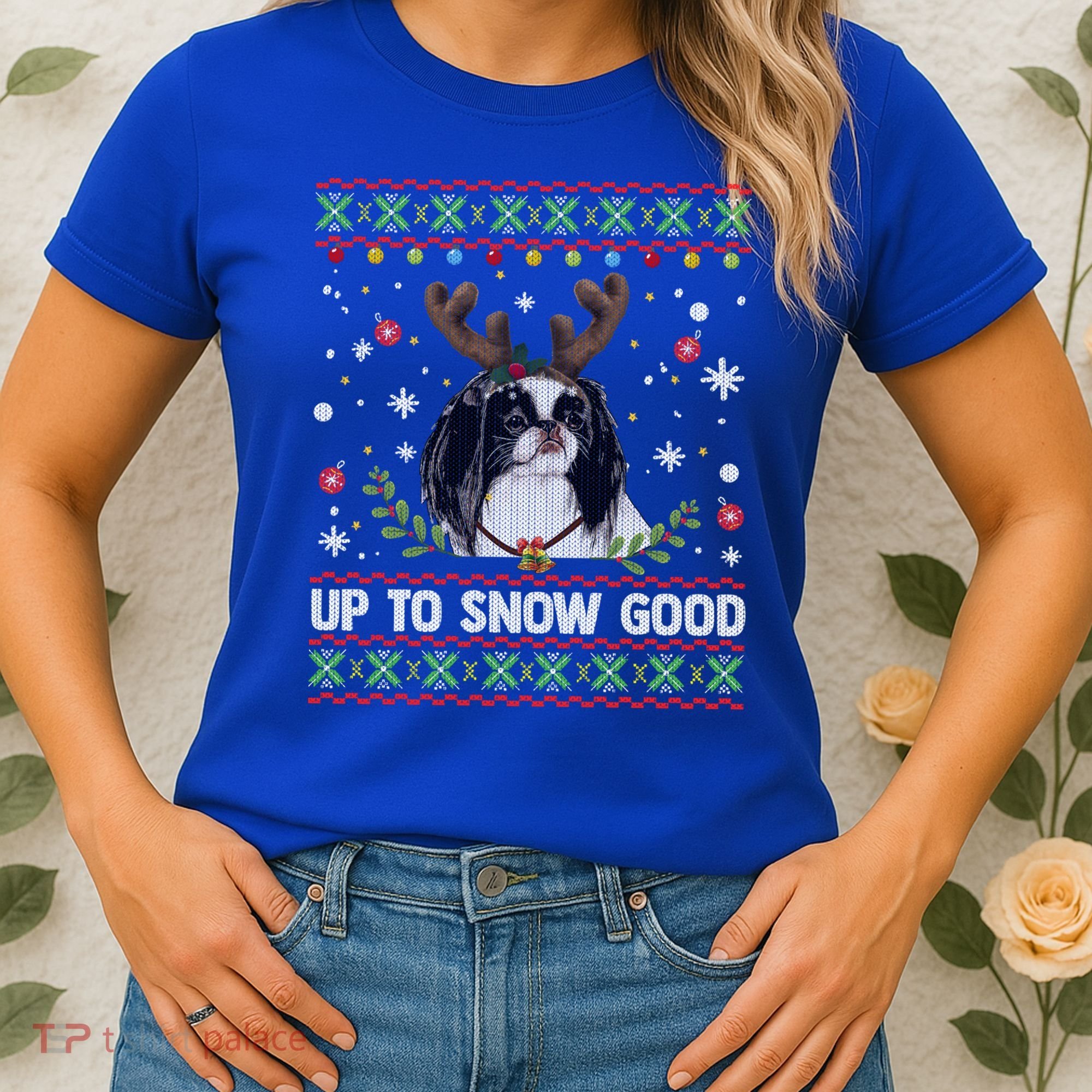 Japanese Chin Dog Reindeer Ugly Christmas Sweater Cool Gift Women's T-Shirt