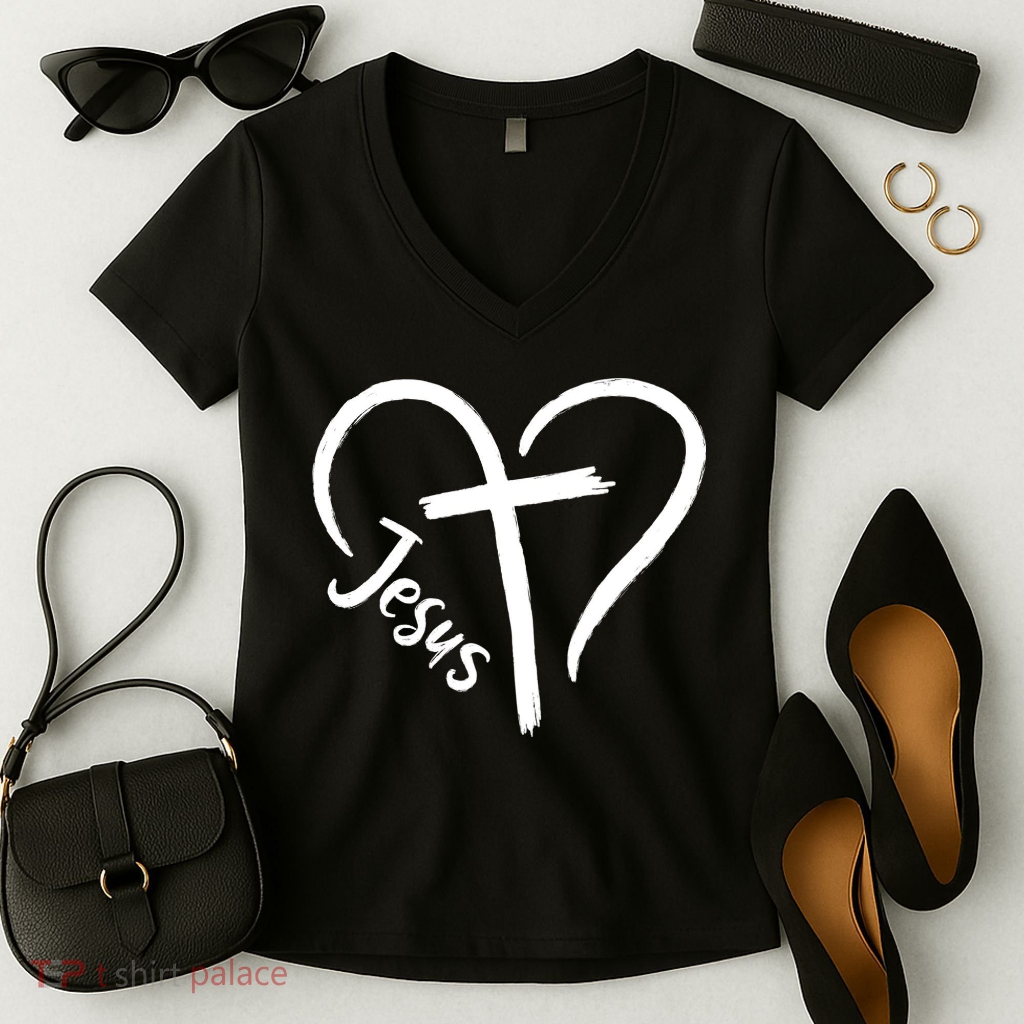 Jesus Cross Heart Women's V-Neck T-Shirt