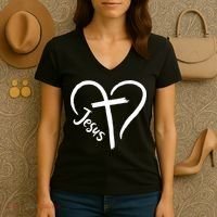 Jesus Cross Heart Women's V-Neck T-Shirt thumb 3