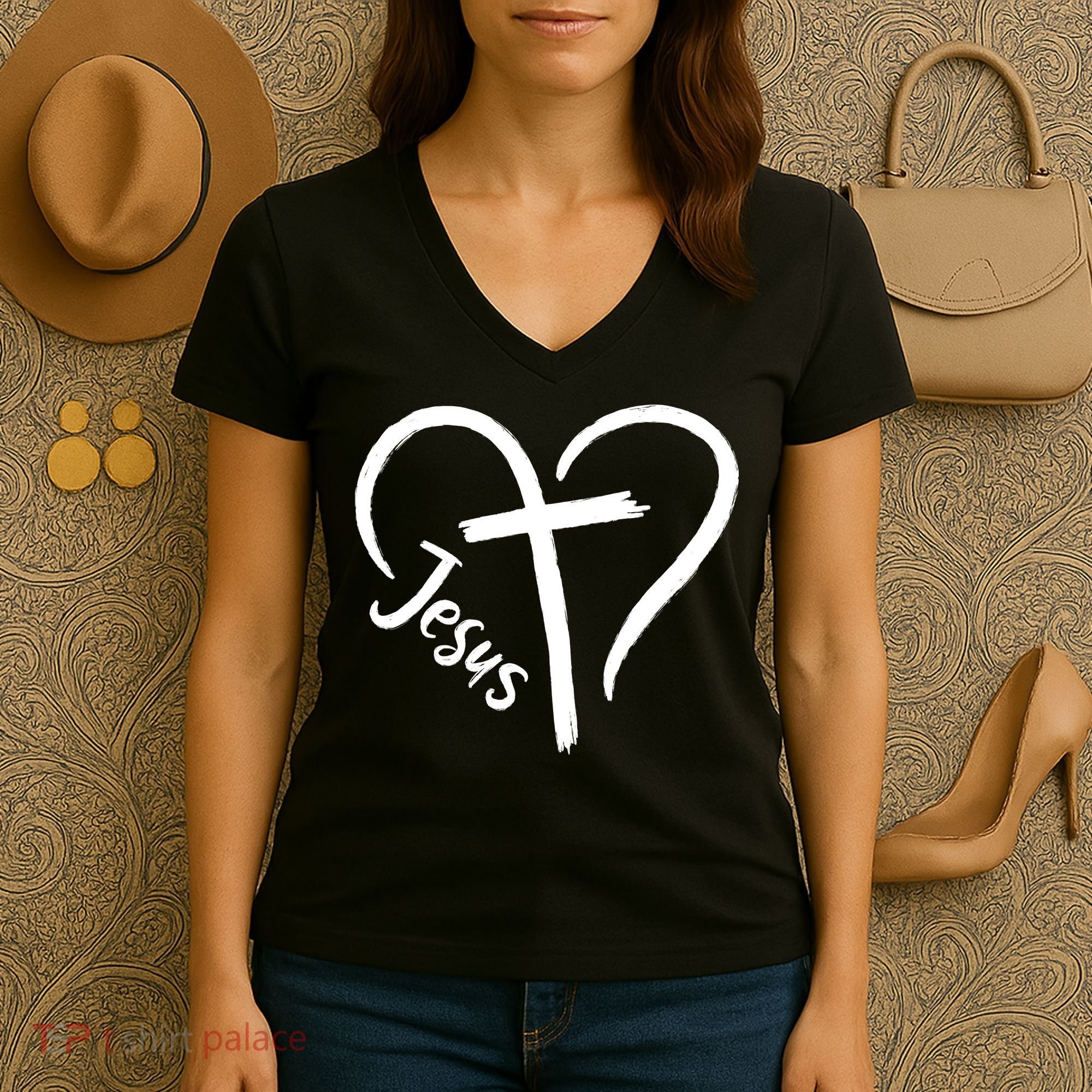 Jesus Cross Heart Women's V-Neck T-Shirt