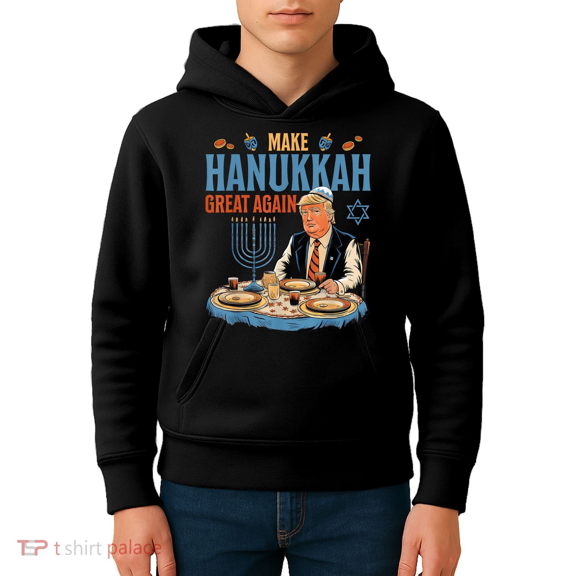 Jewish Celebrate Hanukkah Great Again President Trump Kids Hoodie