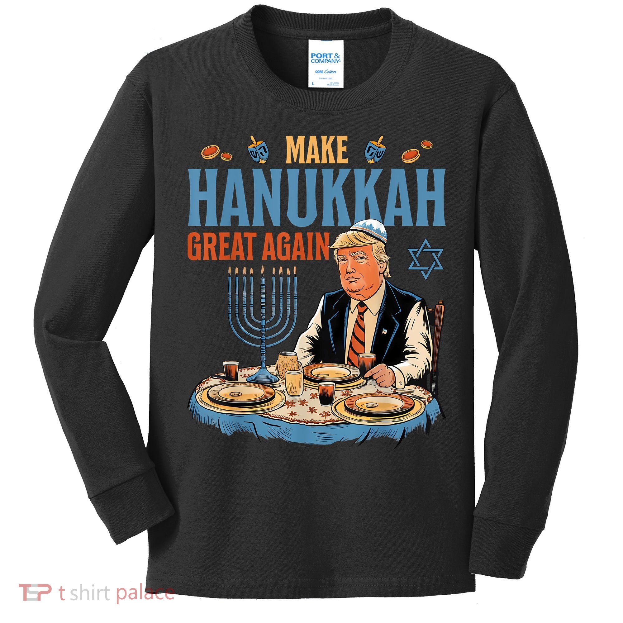 Jewish Celebrate Hanukkah Great Again President Trump Kids Long Sleeve Shirt