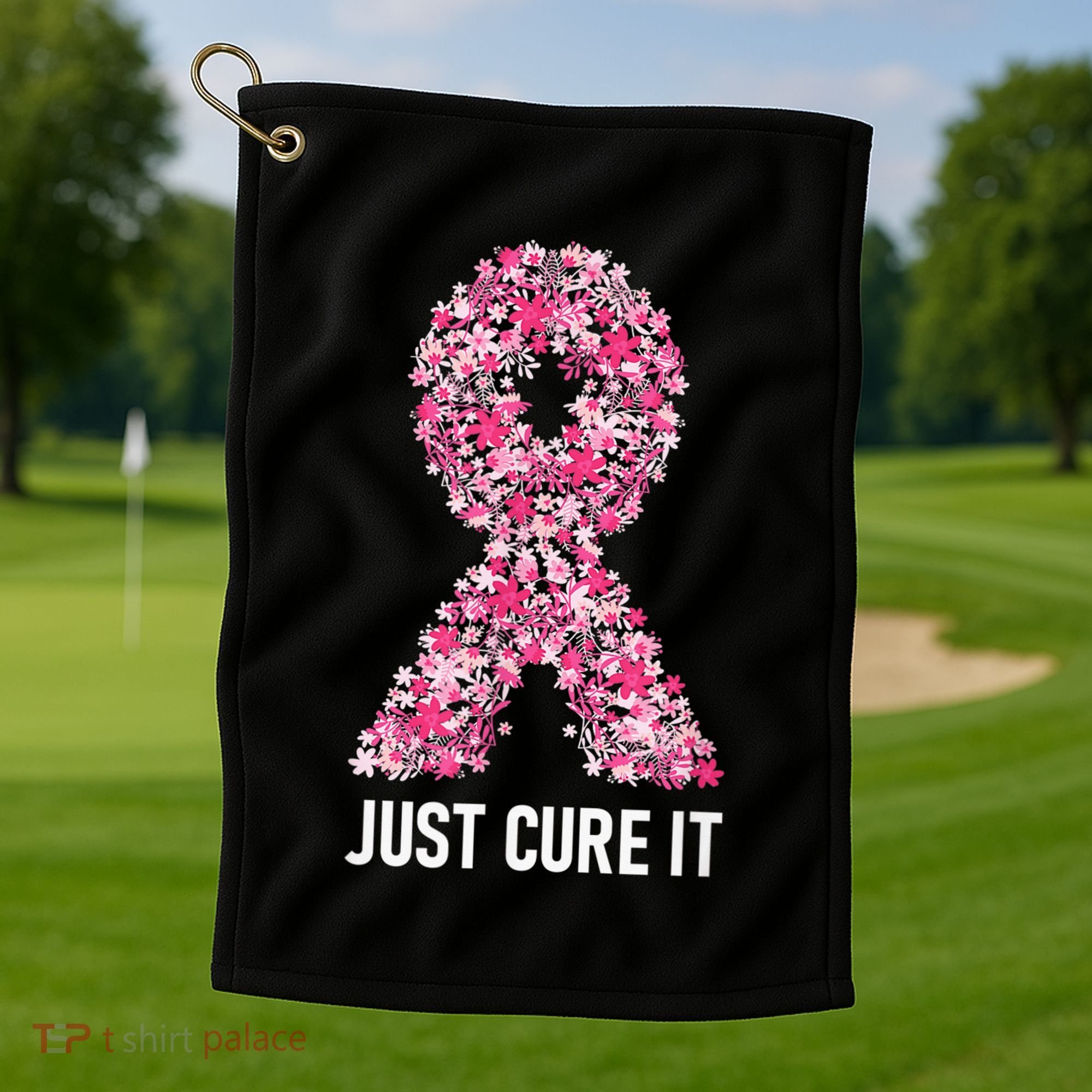 Just Cure It Pink Ribbon Breast Cancer Awareness Golf Towel