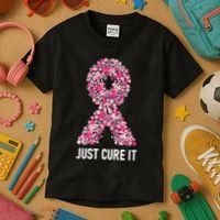 Just Cure It Pink Ribbon Breast Cancer Awareness Kids T-Shirt thumb 3