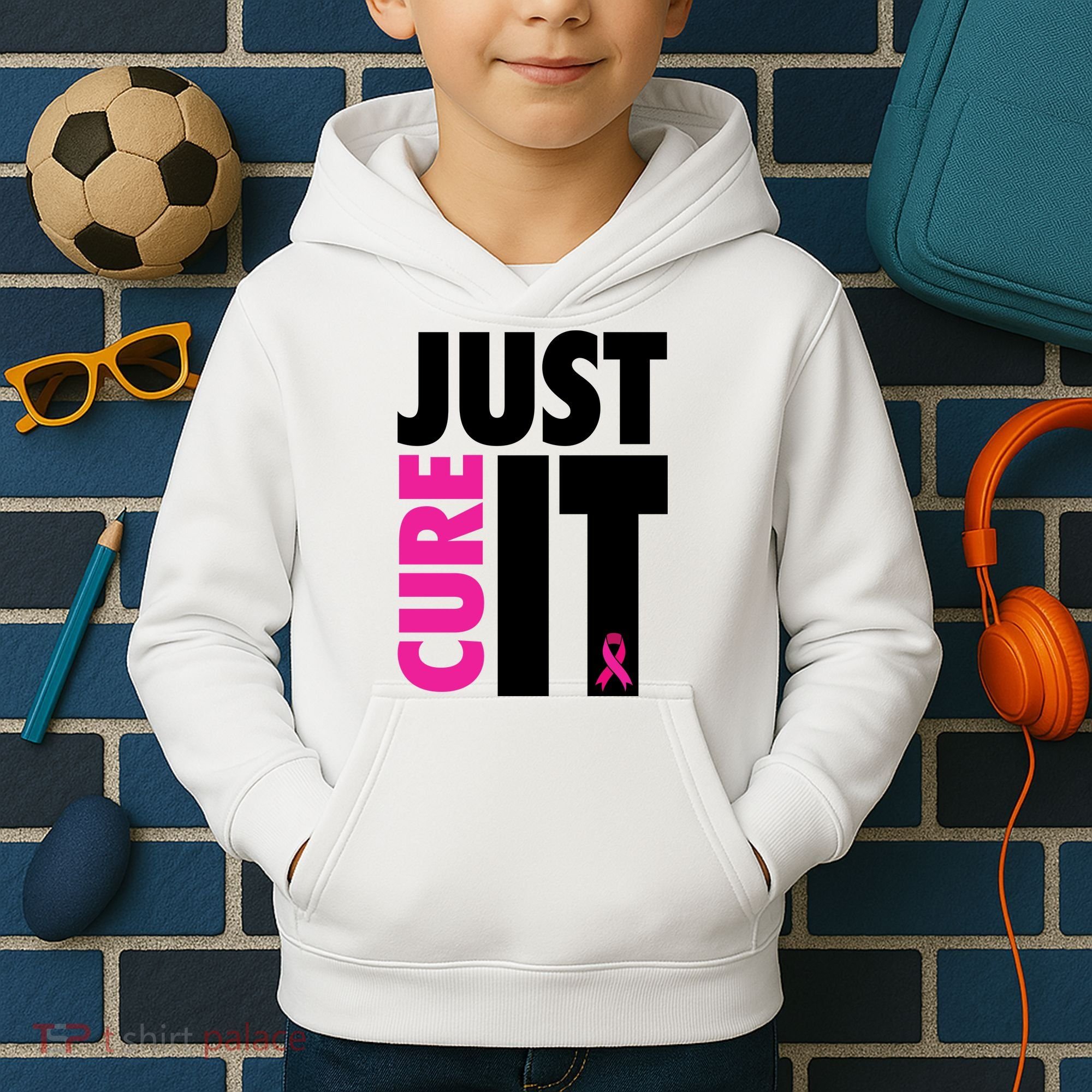 Just Cure It Breast Cancer Awareness Ribbon Kids Hoodie