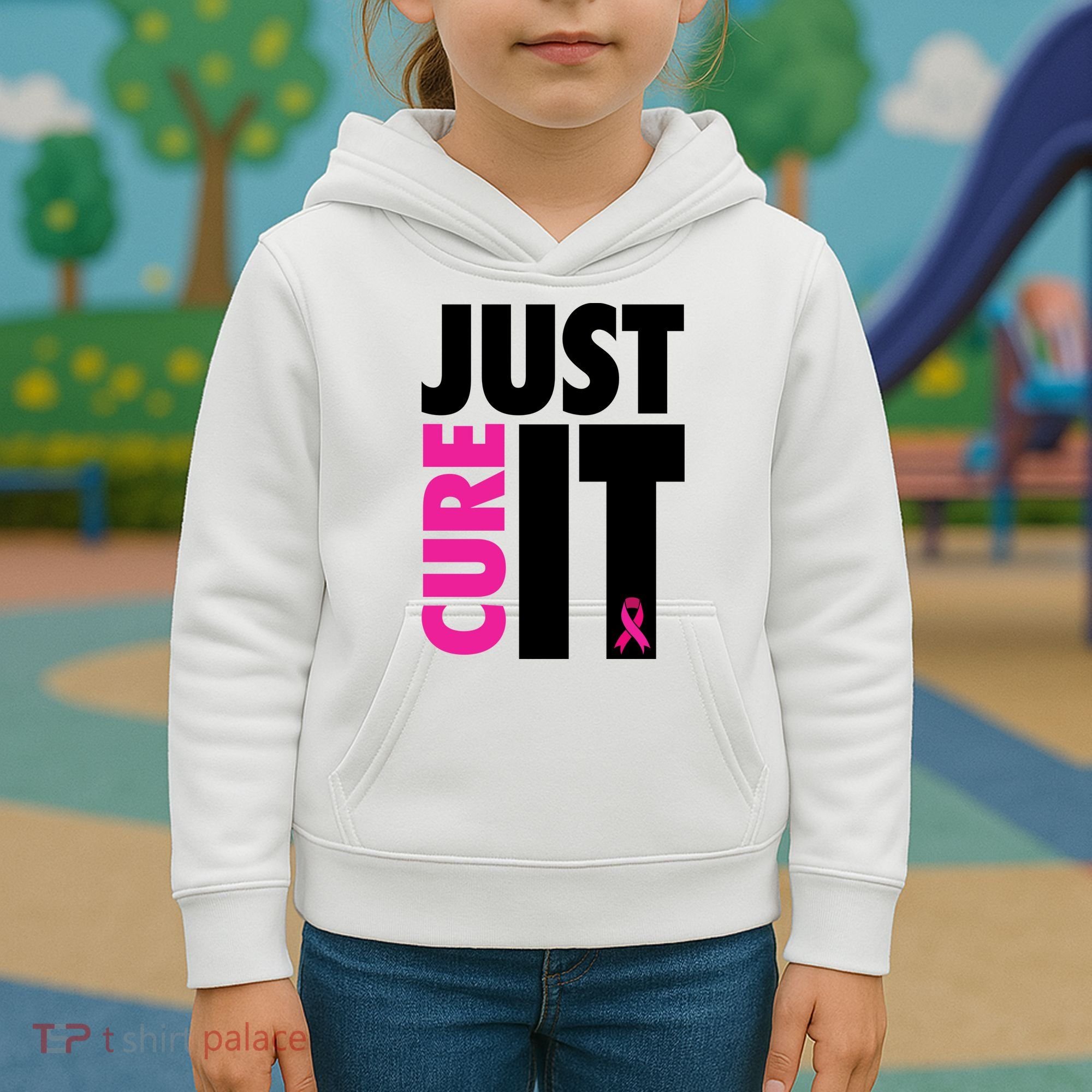 Just Cure It Breast Cancer Awareness Ribbon Kids Hoodie