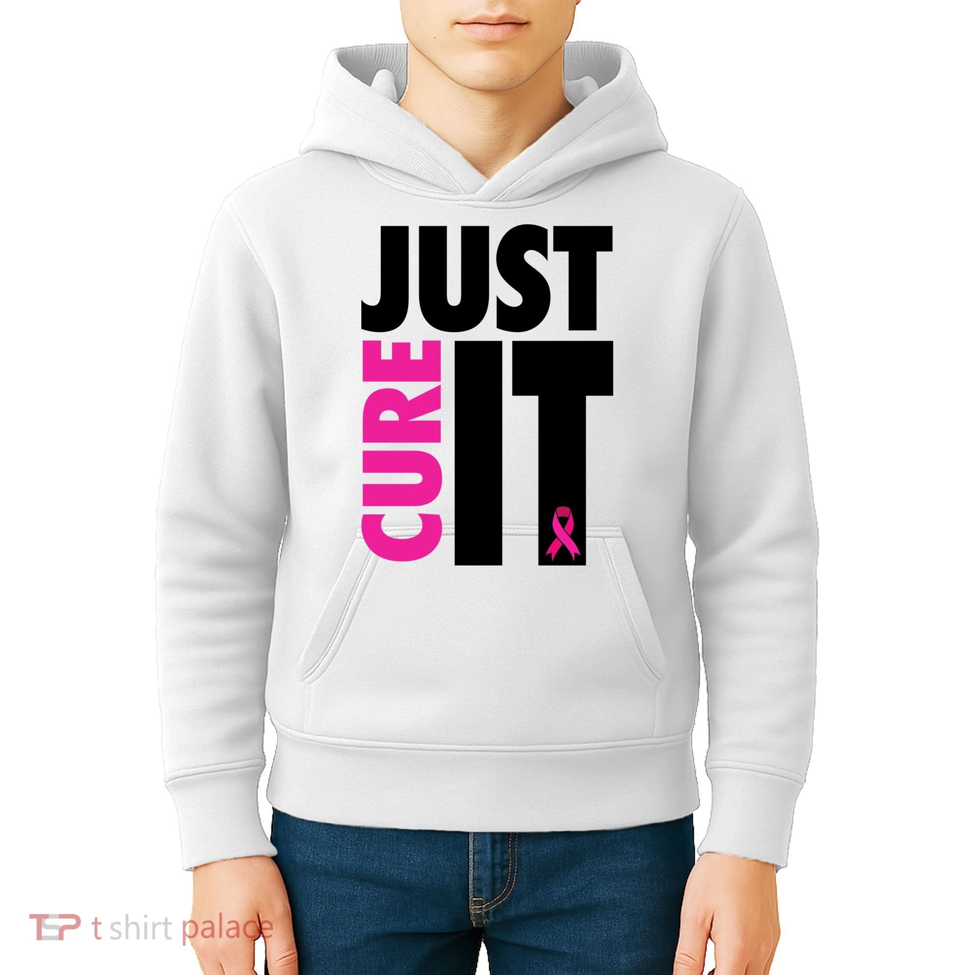 Just Cure It Breast Cancer Awareness Ribbon Kids Hoodie