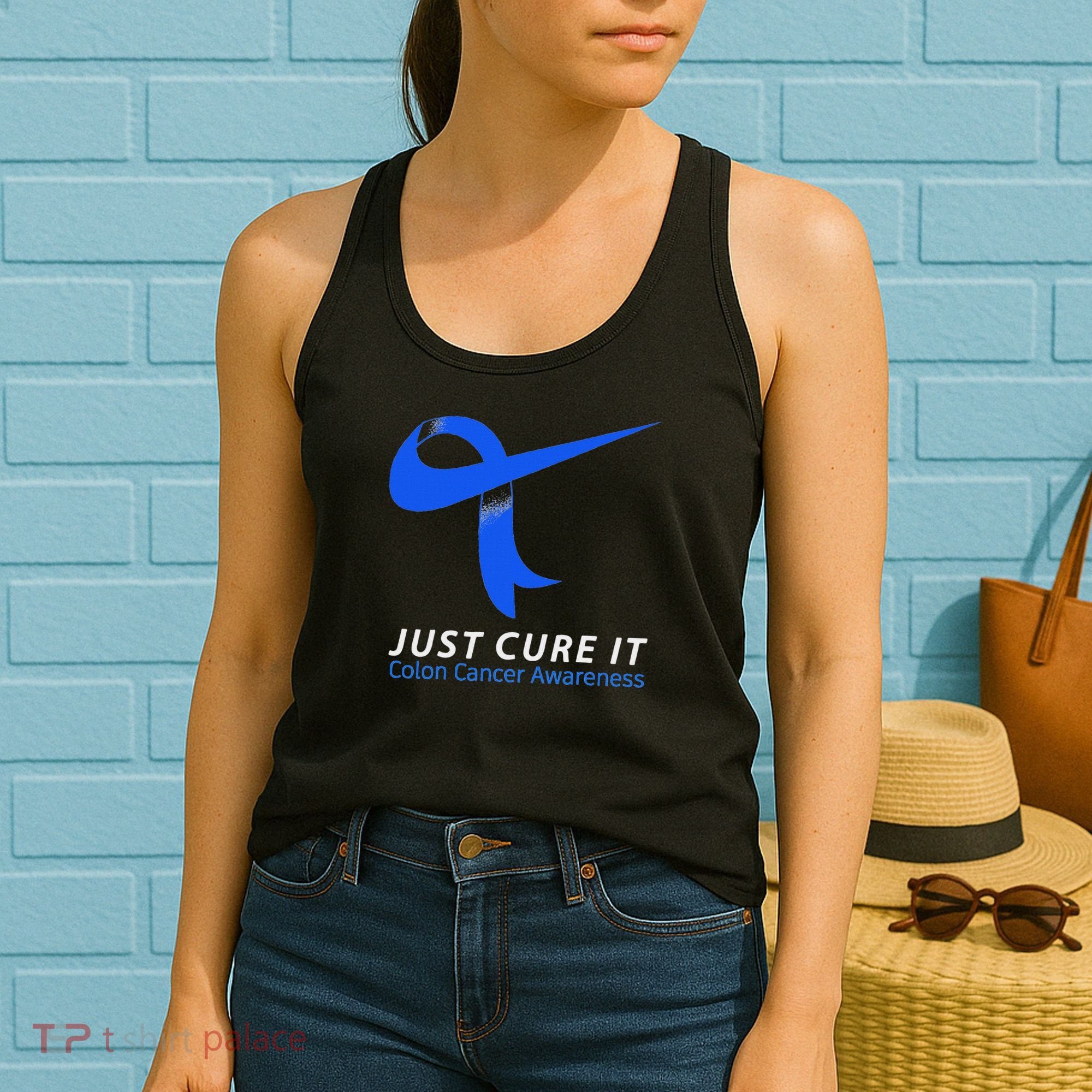 Just Cure It Blue Ribbon Warrior Colon Cancer Awareness Women's Tank Top