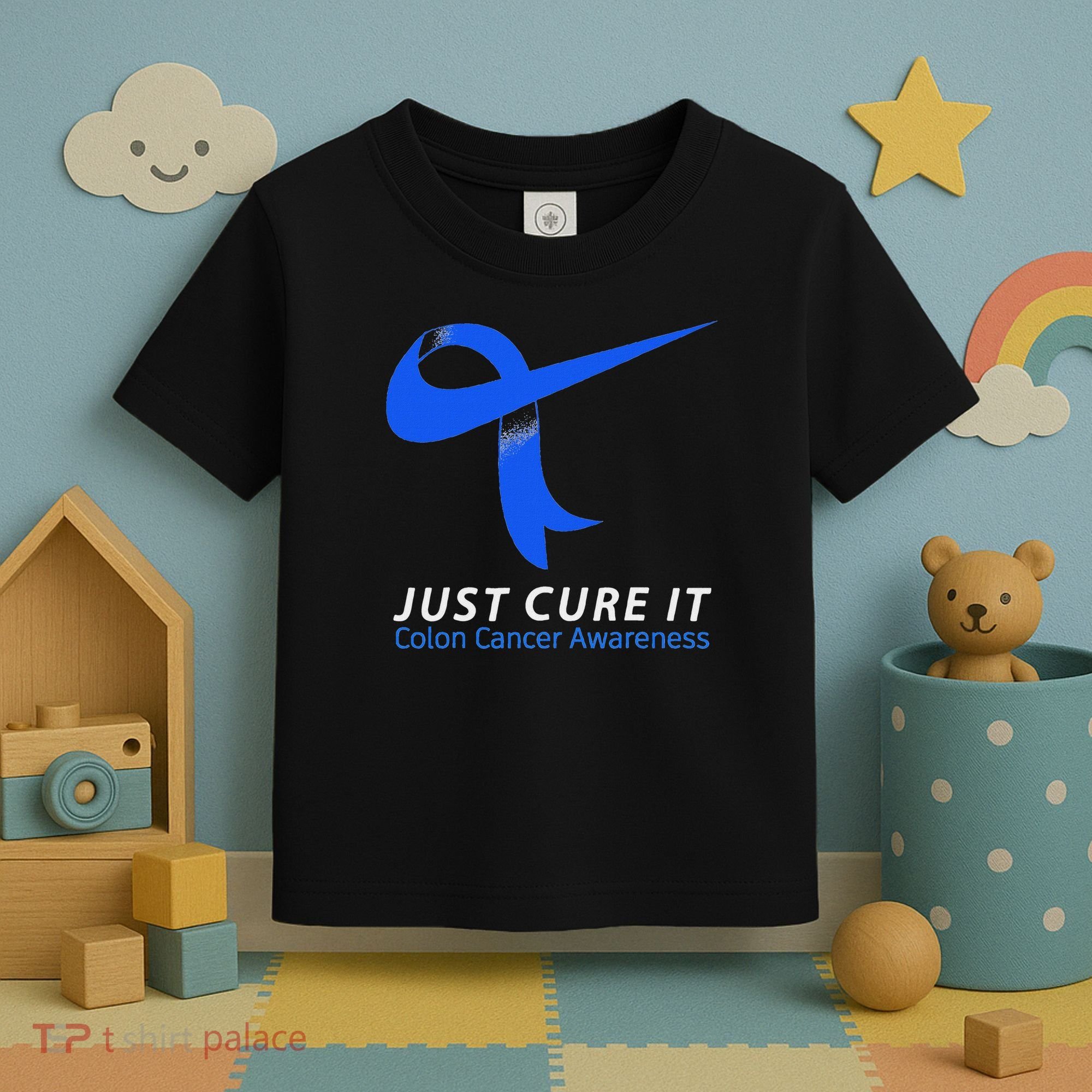Just Cure It Blue Ribbon Warrior Colon Cancer Awareness Toddler T-Shirt