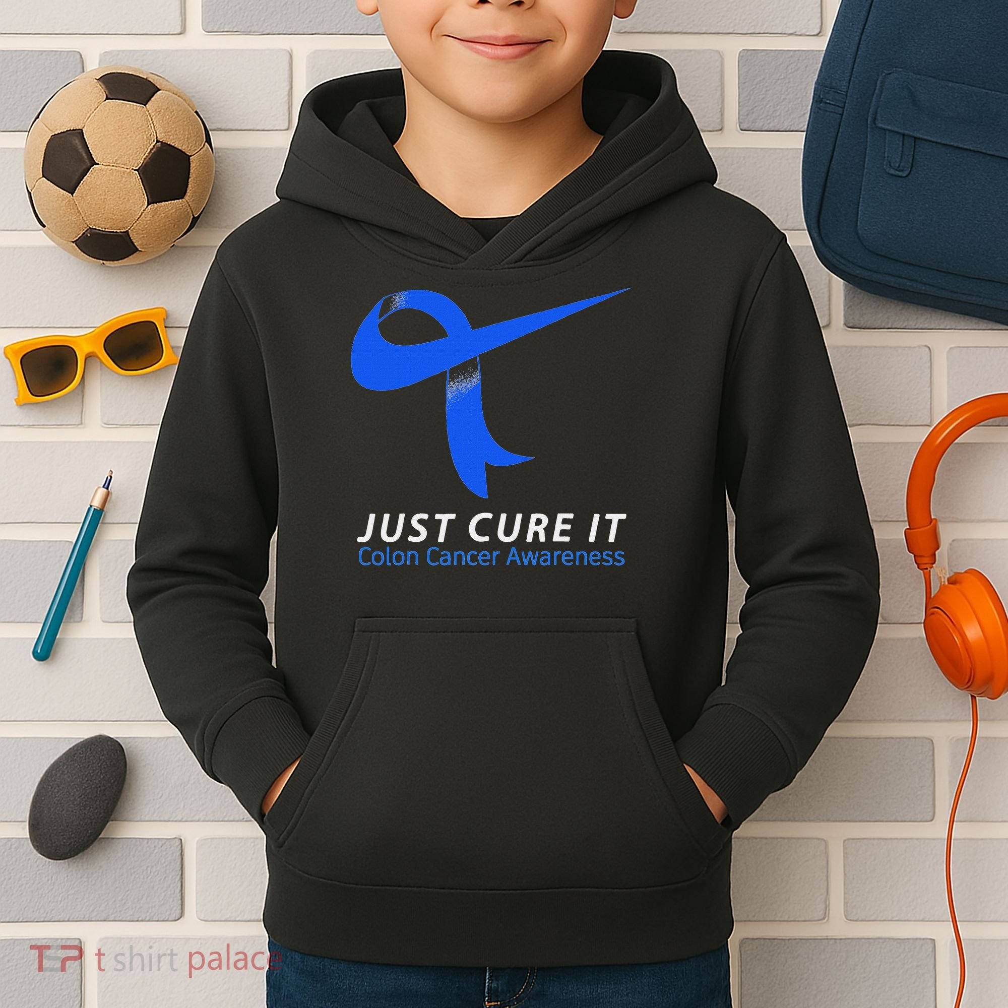Just Cure It Blue Ribbon Warrior Colon Cancer Awareness Kids Hoodie