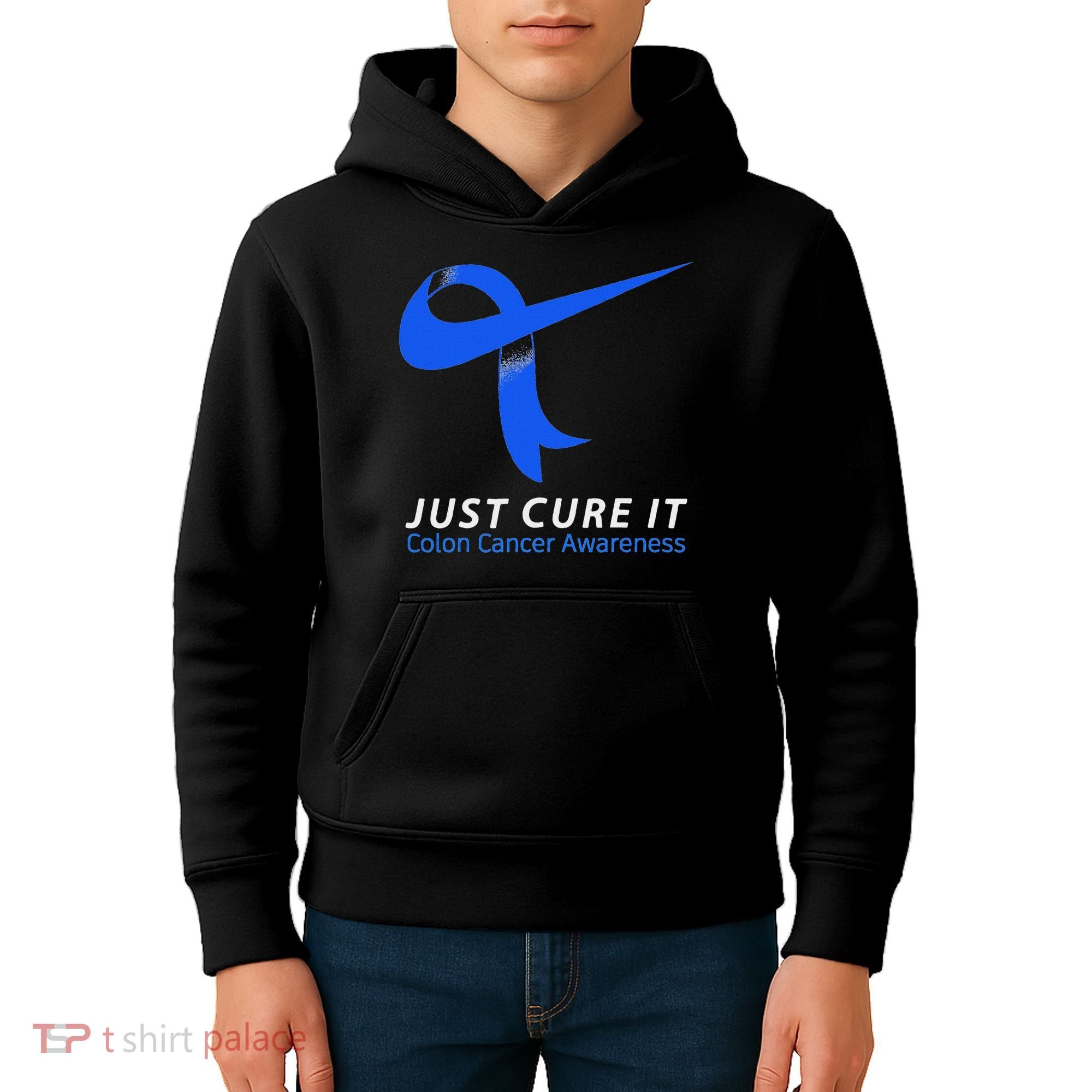 Just Cure It Blue Ribbon Warrior Colon Cancer Awareness Kids Hoodie