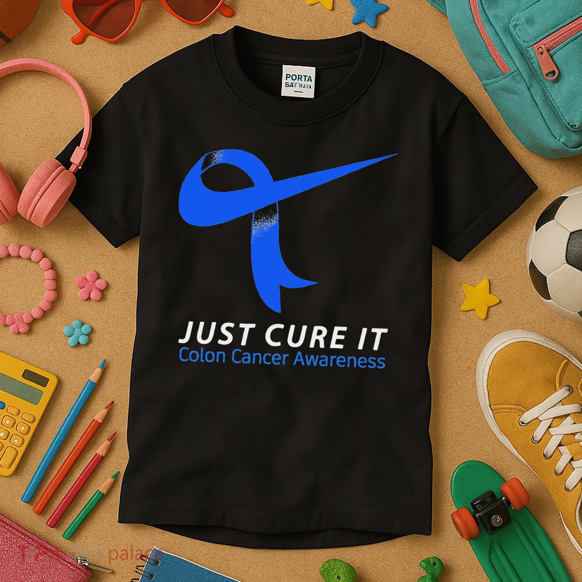 Just Cure It Blue Ribbon Warrior Colon Cancer Awareness Kids T-Shirt
