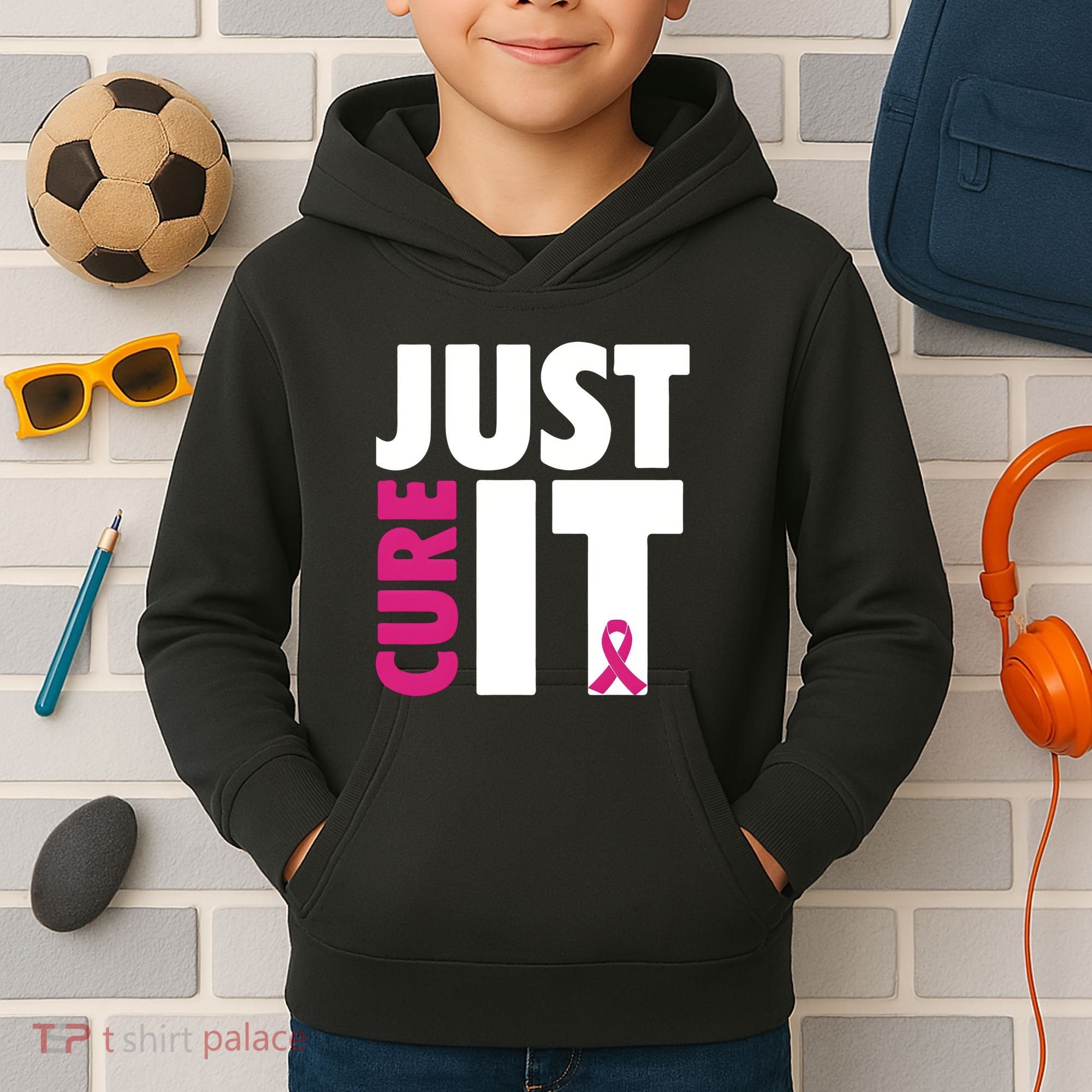 Just Cure It Breast Cancer Awareness Pink Ribbon Kids Hoodie