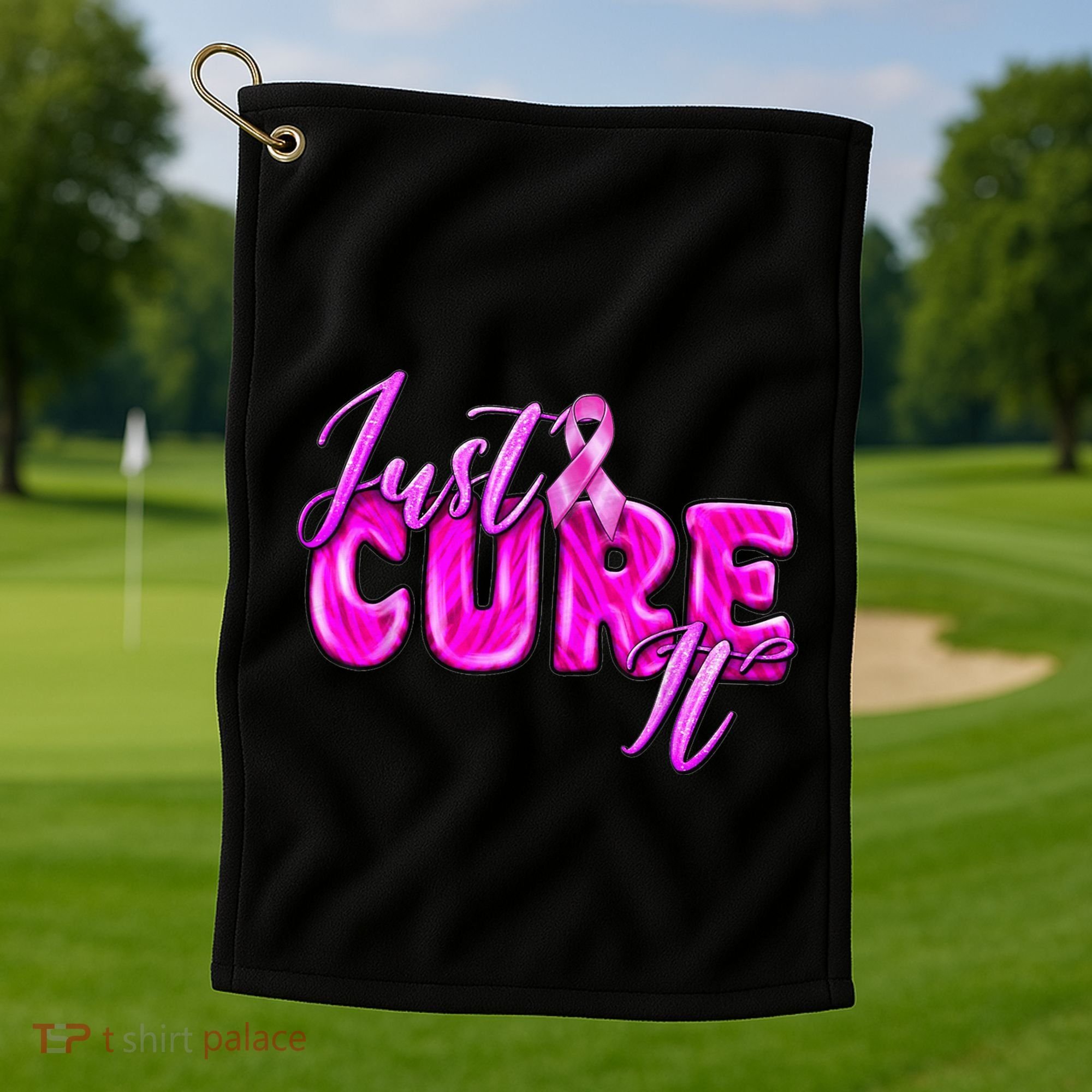 Just Cure It Pink Ribbon Breast Cancer Awareness Warrior Golf Towel
